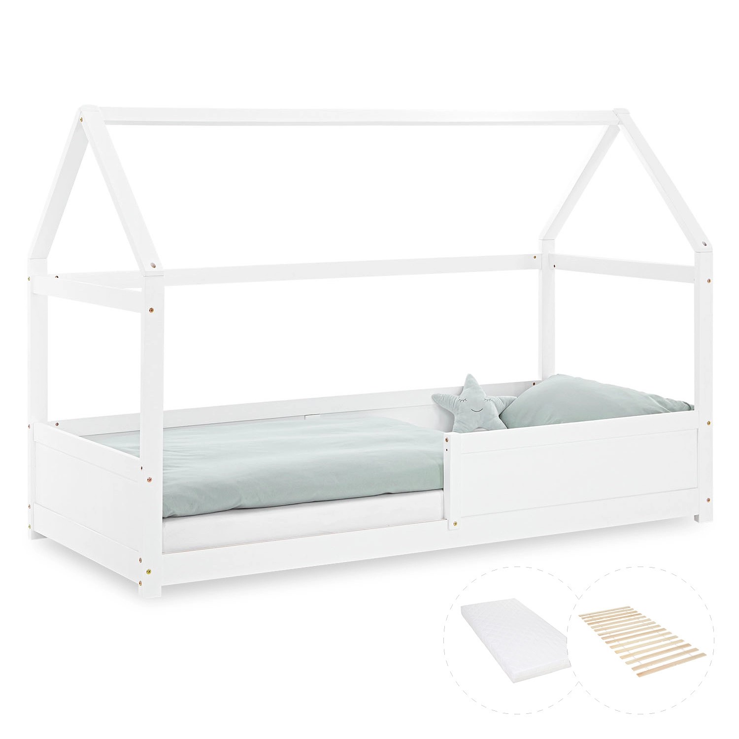 Homestyle4u Kinderbett mit Matratze Hausbett mit Rausfallschutz 90x200 cm B günstig online kaufen