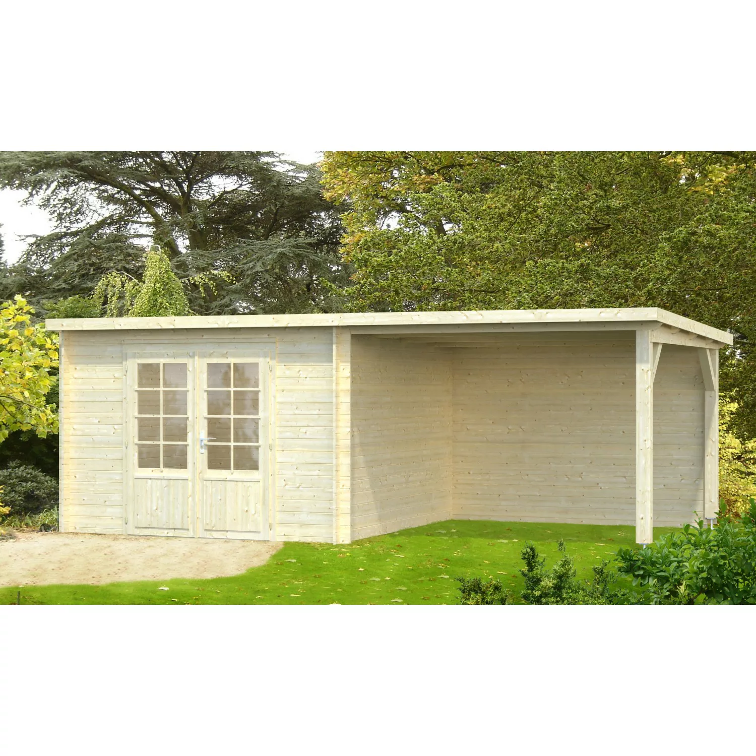 Palmako Ella Holz-Gartenhaus Natur Flachdach Tauchgrundiert 592 cm x 300 cm günstig online kaufen