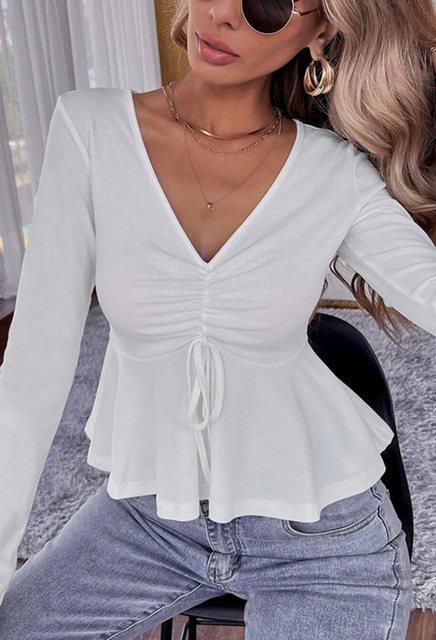 CHENIN Langarmhemd Damen V-Ausschnitt mit Kordelzug Rüschen Taillenverschla günstig online kaufen