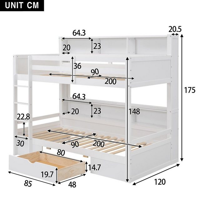 Ulife Etagenbett Kinderbett mit Schubladen und Staufächern, Einzelbett 90x2 günstig online kaufen