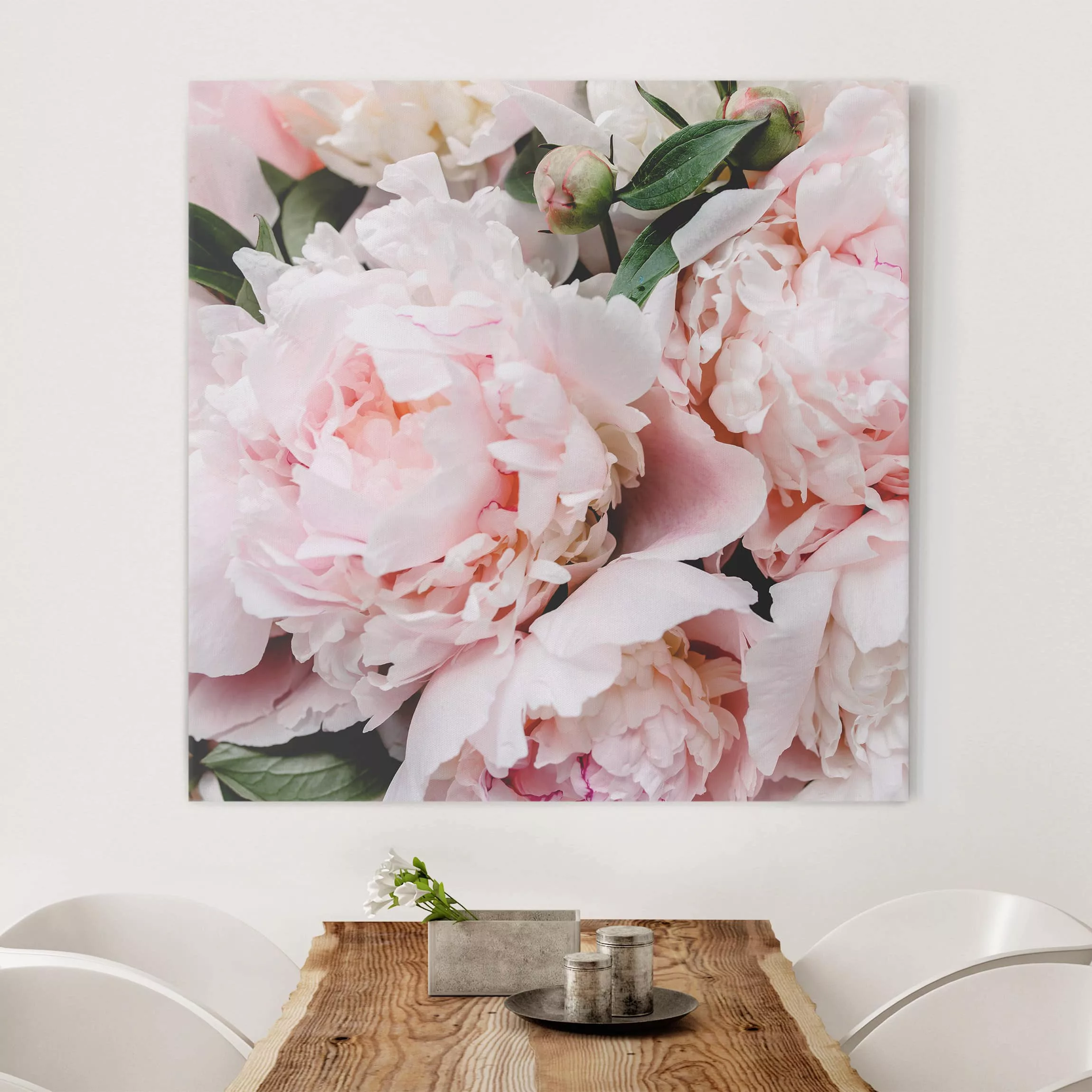 Leinwandbild Blumen - Quadrat Pfingstrosen Hellrosa günstig online kaufen