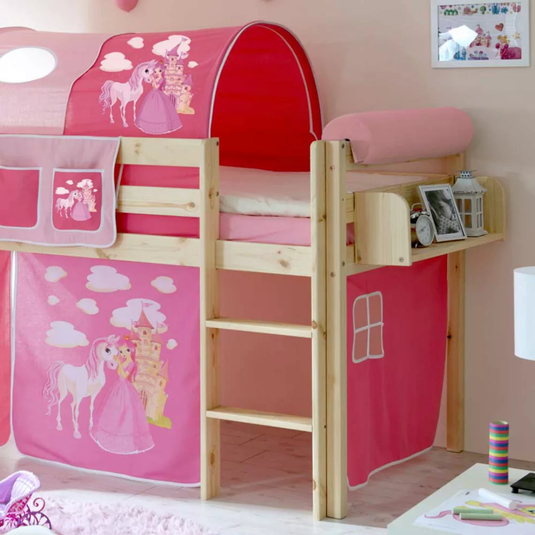 Prinzessin Kinderbett aus Kiefer Massivholz Rutsche und Turm in Pink günstig online kaufen