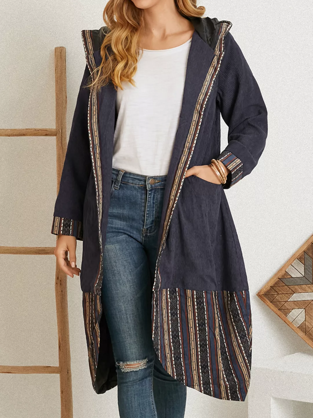 Asymmetrischer Cord-Print Patchwork Langarm-Mantel mit Kapuze günstig online kaufen