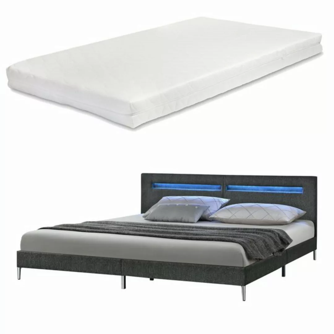 en.casa Polsterbett, »Taastrup« LED Bett mit Matratze 180x200cm Dunkelgrau günstig online kaufen