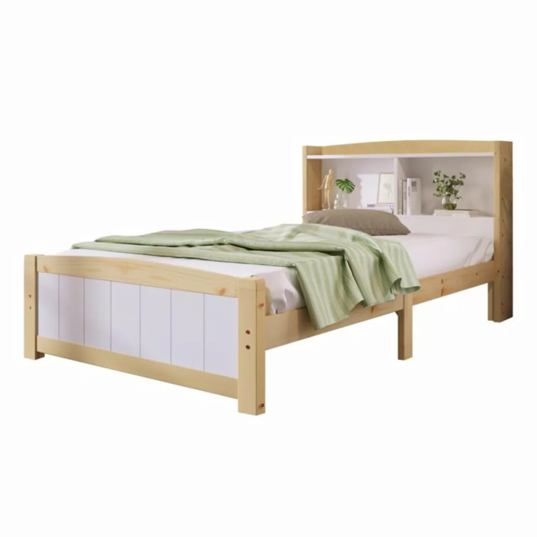 OKWISH Massivholzbett Einzelbett Doppelbett (Natur+Weiß 90x200cm), mit Latt günstig online kaufen