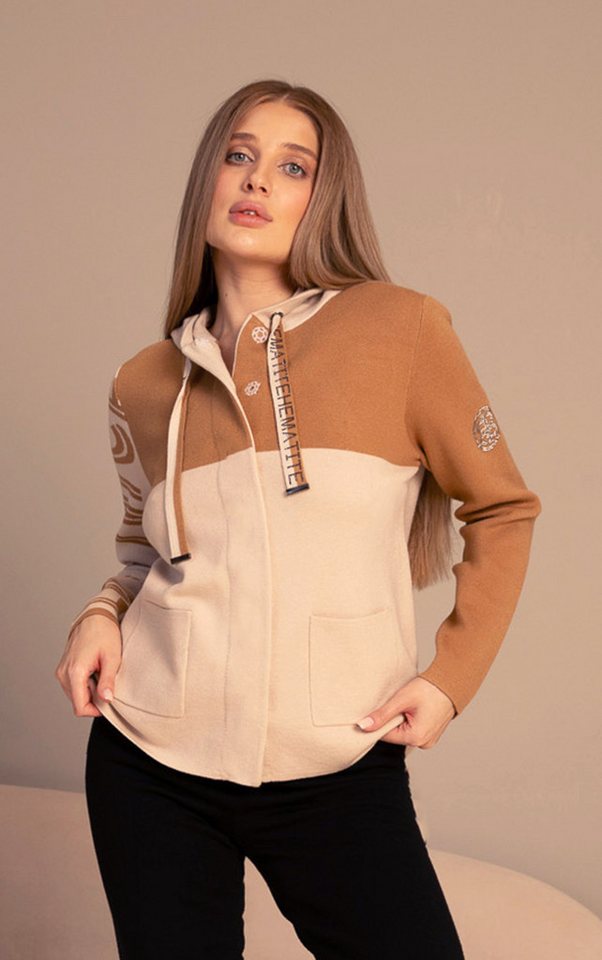 Passioni Kapuzenstrickjacke mit Reißverschluss in Kamel und Beige Farbblock günstig online kaufen