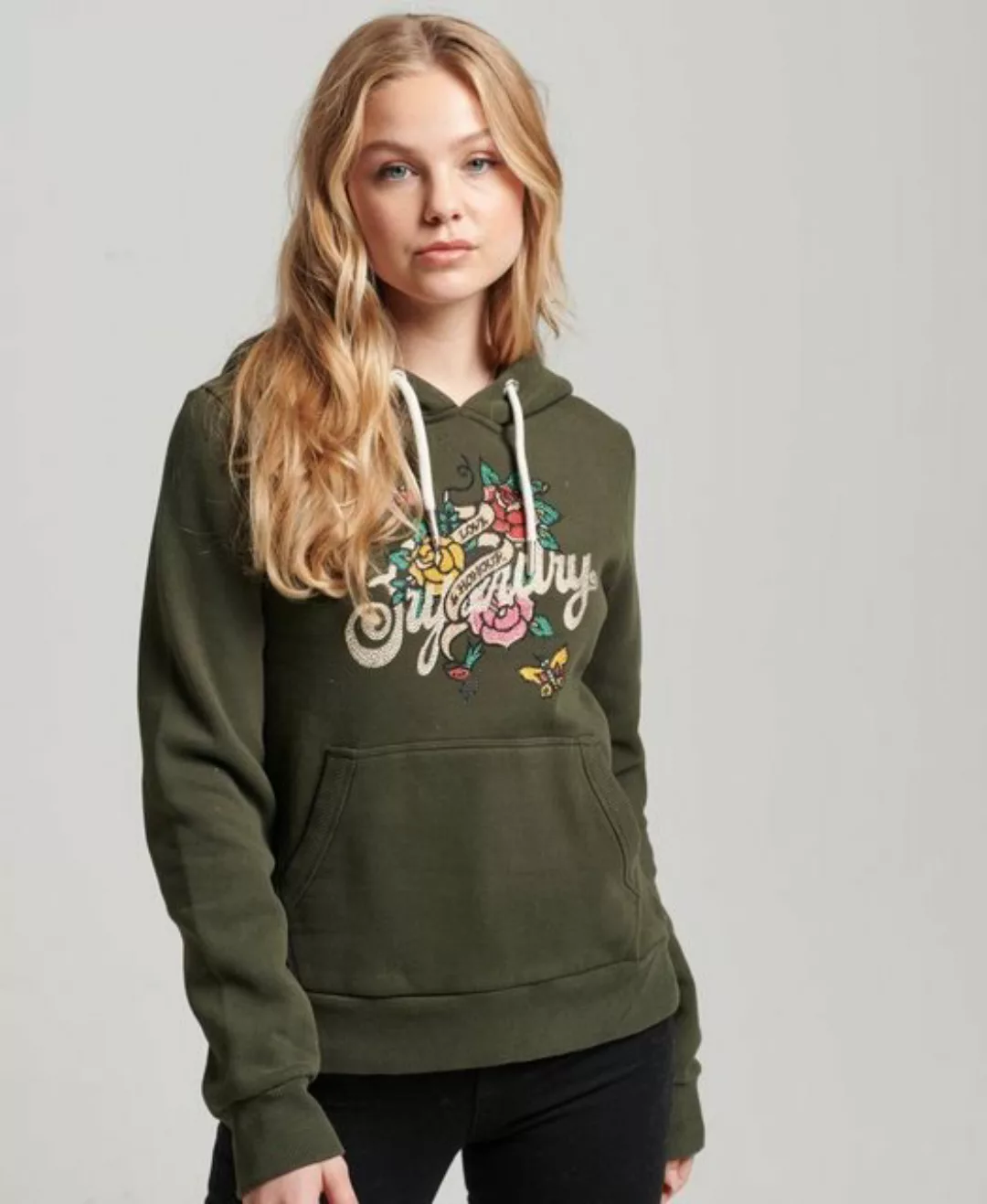 Superdry Sweater TATTOO SCRIPT GRAPHIC HOODIE Surplus Goods Olive Green günstig online kaufen