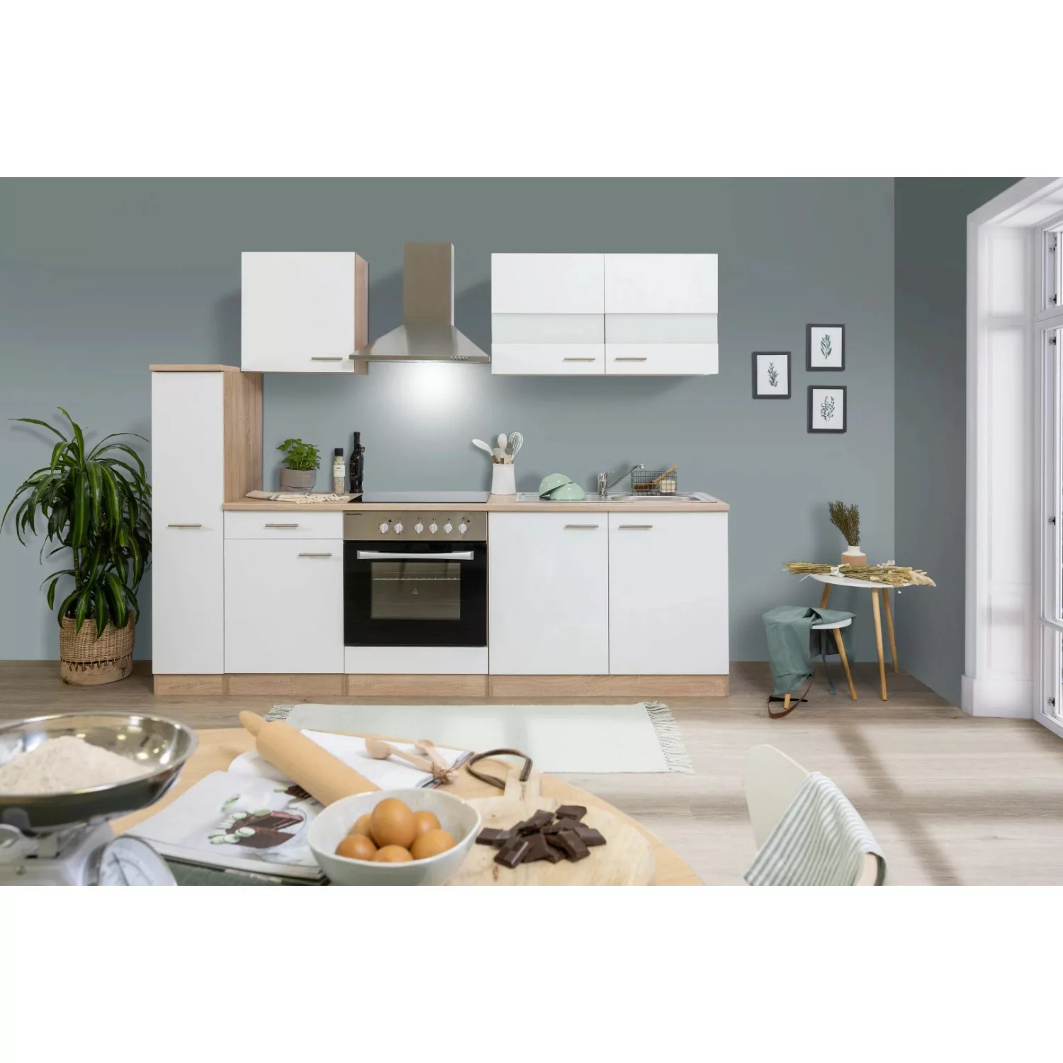 Respekta Küchenzeile KB240ESWC 240 cm Weiß-Eiche Glänzend günstig online kaufen