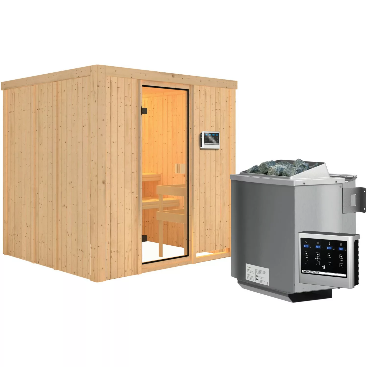 Woodfeeling Sauna Tromsö inkl. 9 kW Bio-Ofen mit ext. Strg., Glastür Bronzi günstig online kaufen