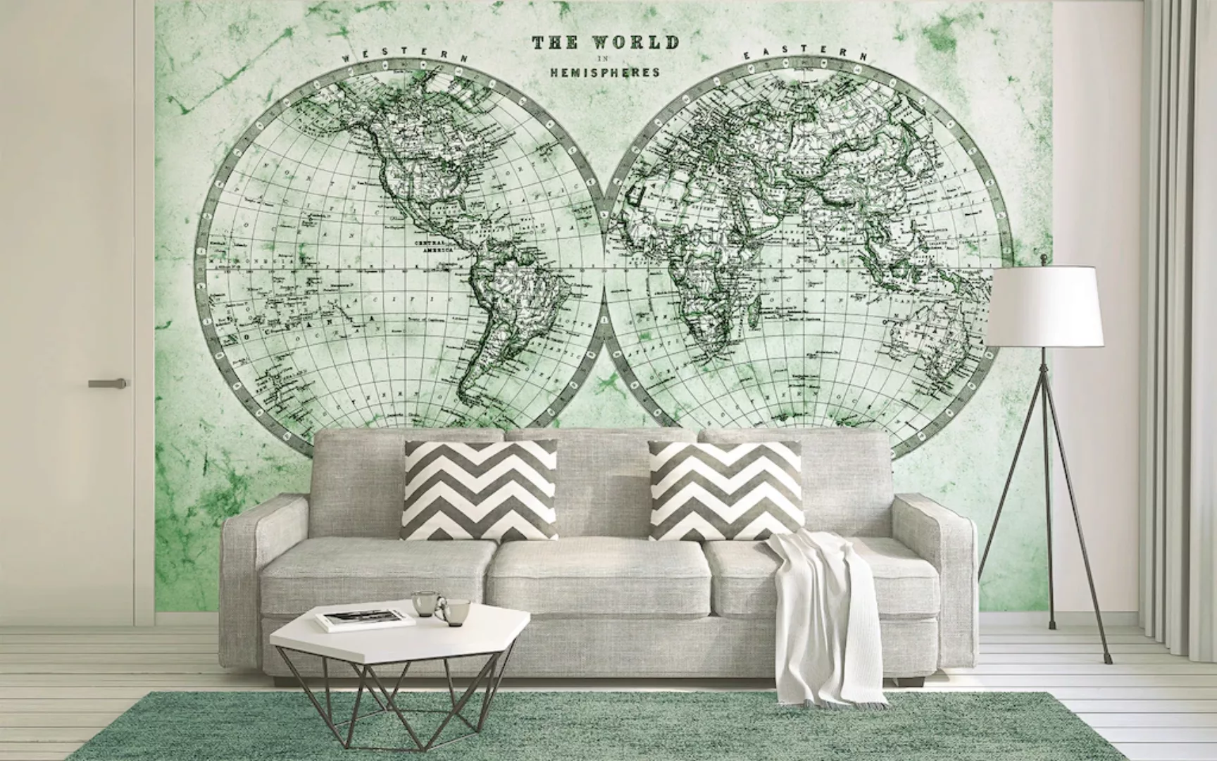 Fototapete Weltkarte Grün Grau Weiß 3,50 m x 2,55 m FSC® günstig online kaufen
