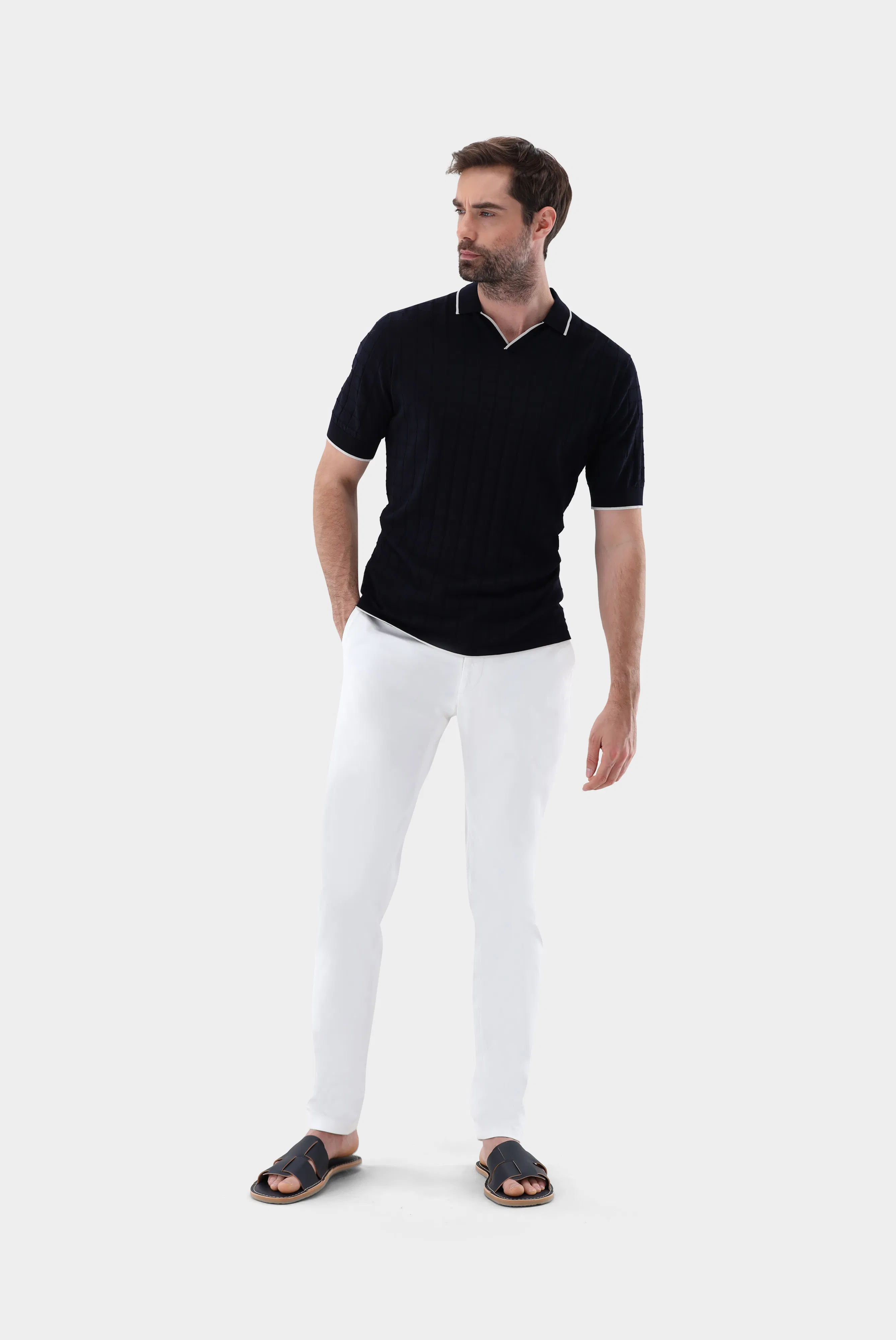 V-Neck Poloshirt mit Jacquard Karomuster günstig online kaufen