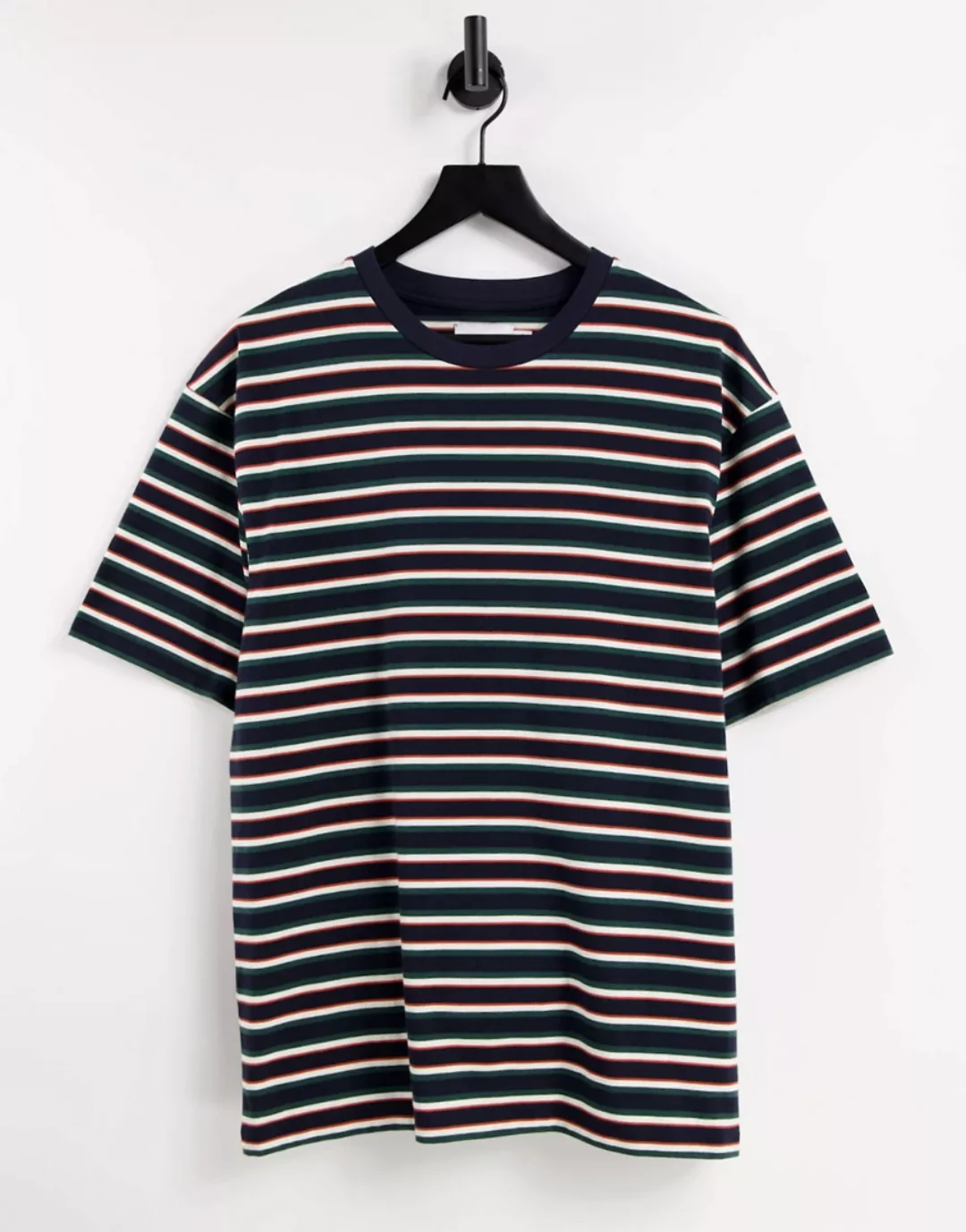 Topman – Gestreiftes Oversize-T-Shirt in Grün und Orange-Mehrfarbig günstig online kaufen