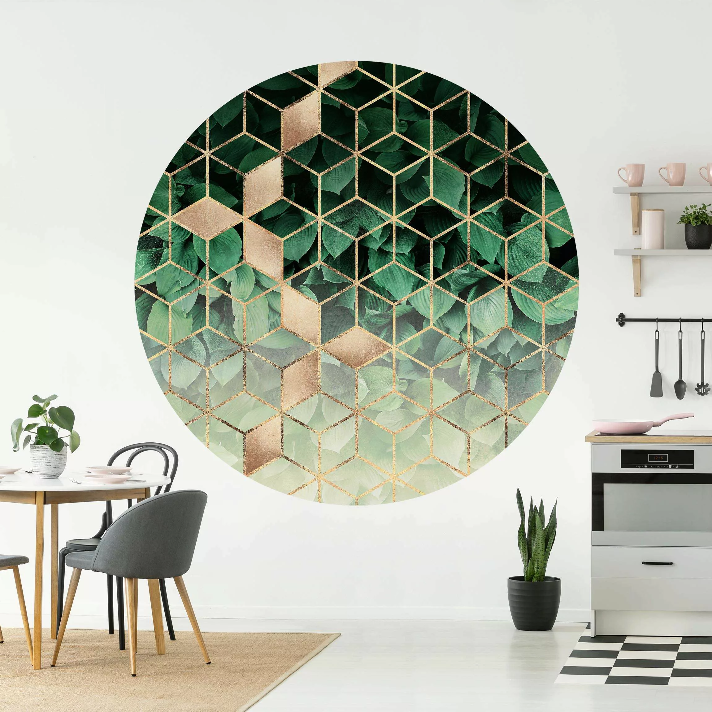 Runde Mustertapete selbstklebend Grüne Blätter goldene Geometrie günstig online kaufen