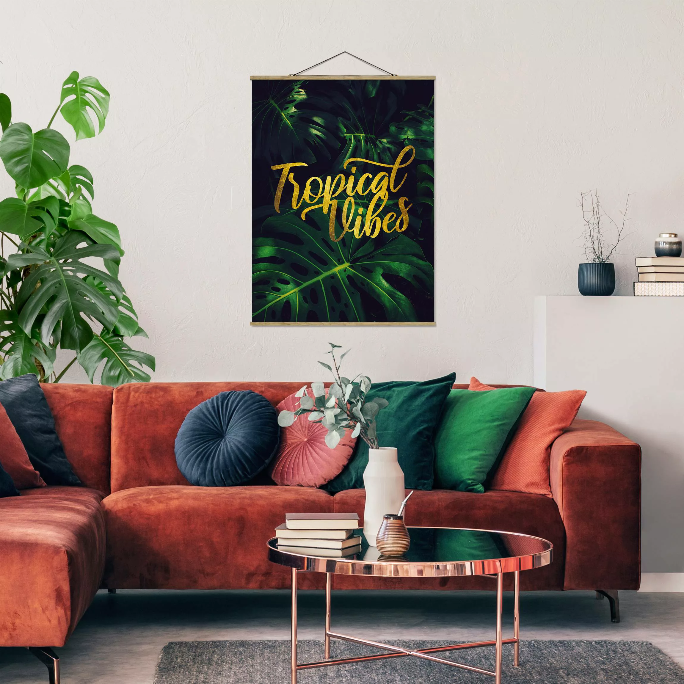 Stoffbild Spruch mit Posterleisten - Hochformat Dschungel - Tropical Vibes günstig online kaufen