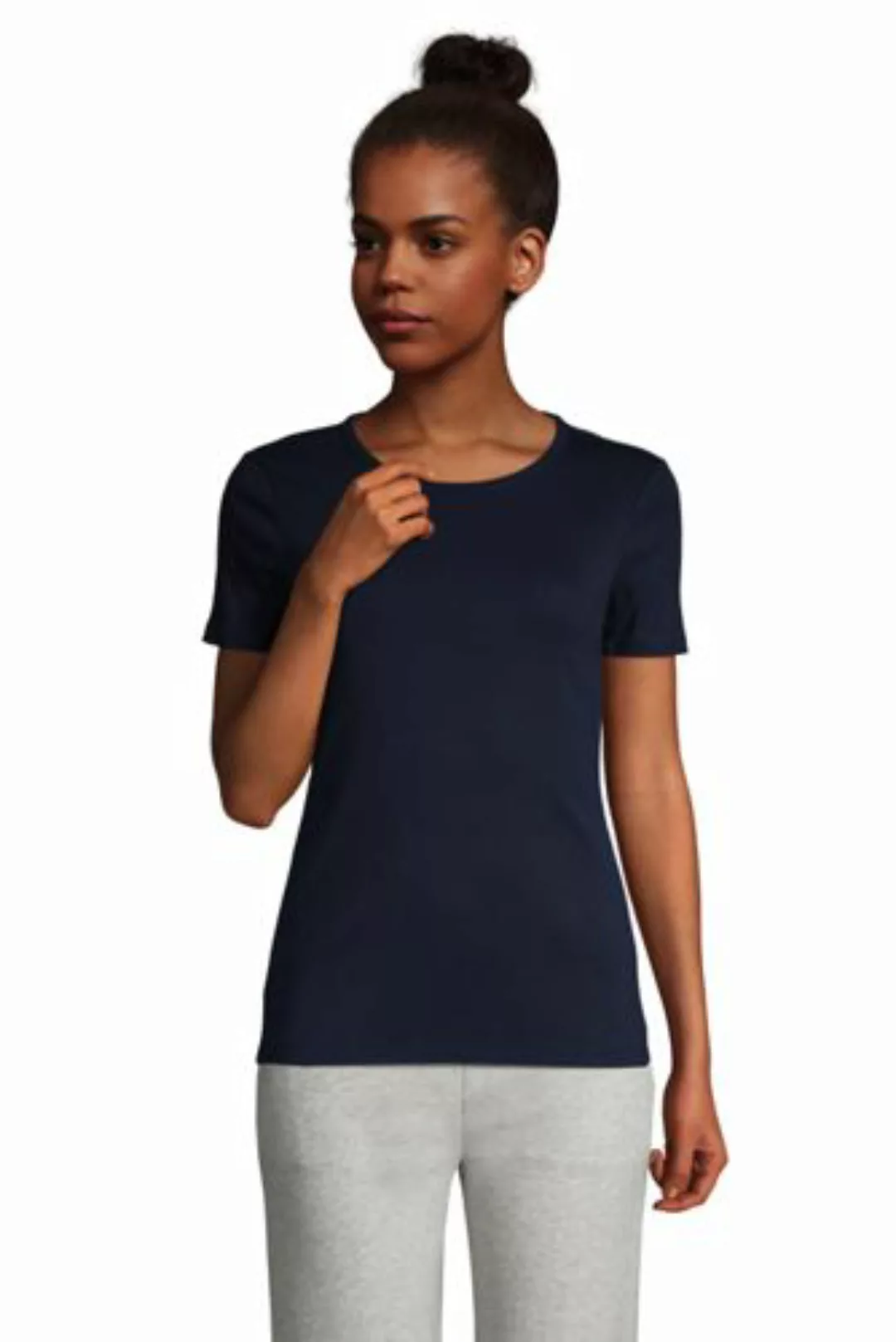 Kurzarm-Rippshirt mit Rundhalsausschnitt, Damen, Größe: S Normal, Blau, Bau günstig online kaufen