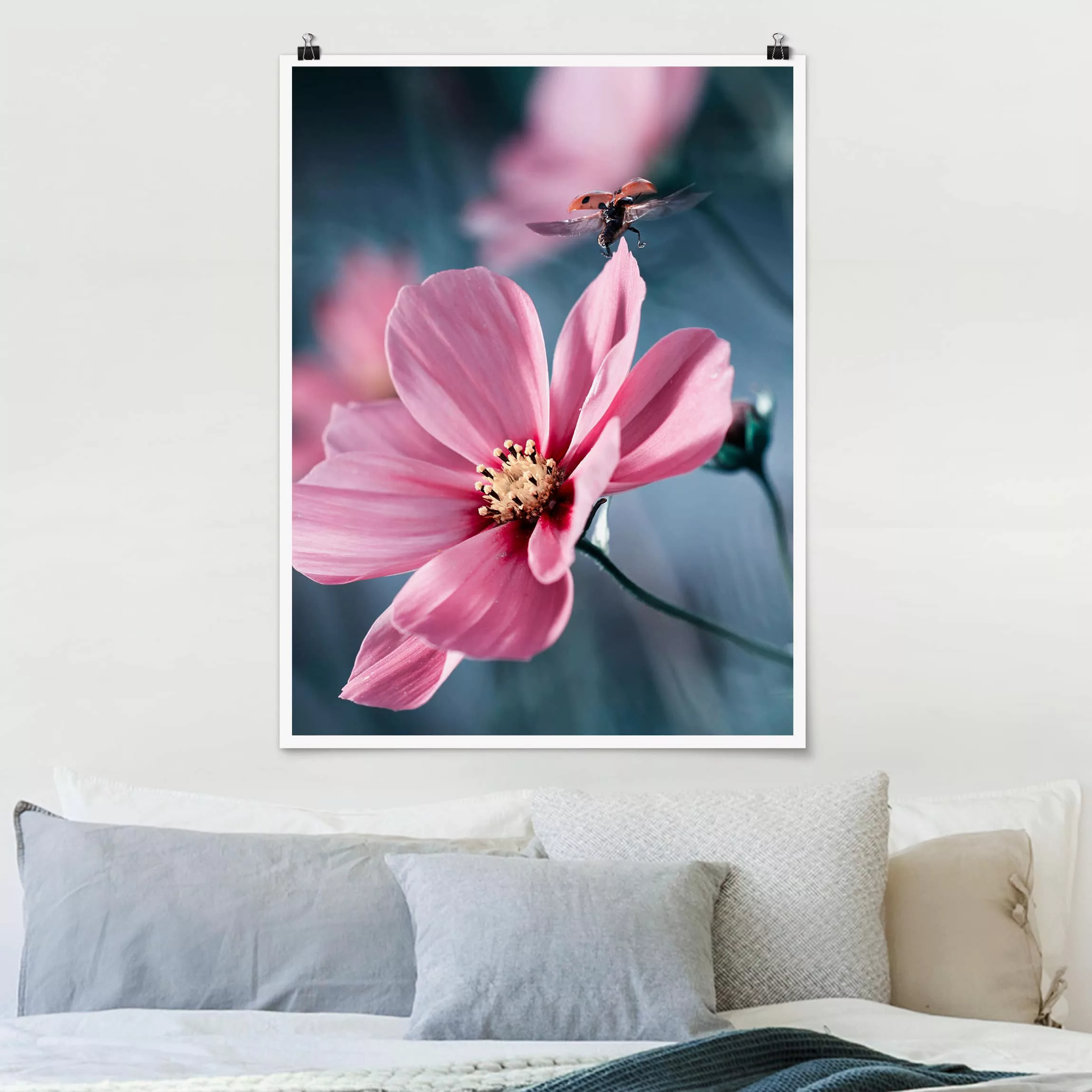 Poster Blumen - Hochformat Marienkäfer beim Start günstig online kaufen