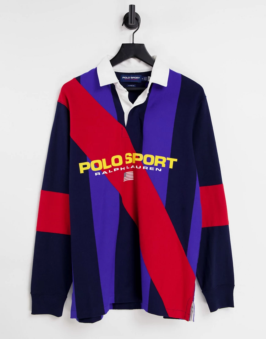 Polo Ralph Lauren – Sport Capsule – Rugbyhemd in rot-buntem Farbblockdesign günstig online kaufen