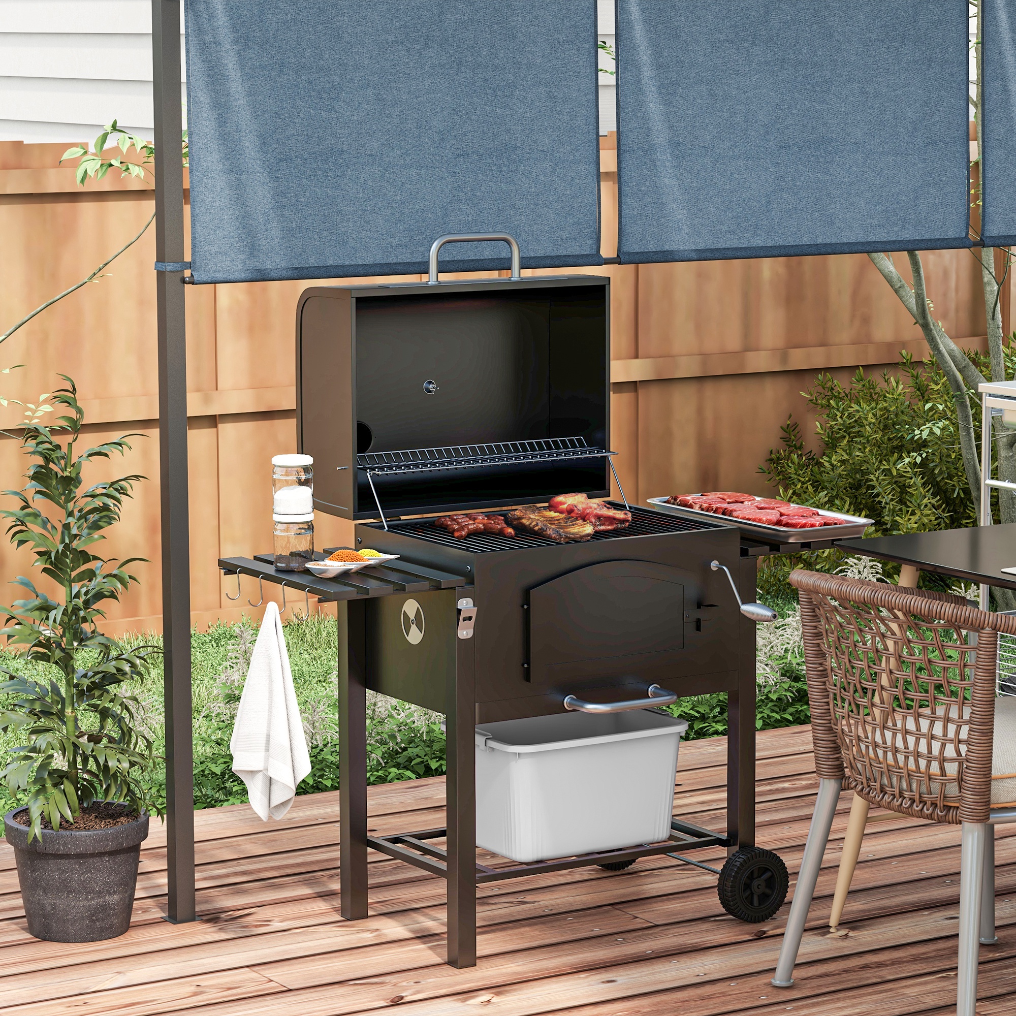 Outsunny Holzkohlegrill  BBQ Gartengrill mit Deckel, Ablagen, Smoker, Warmh günstig online kaufen