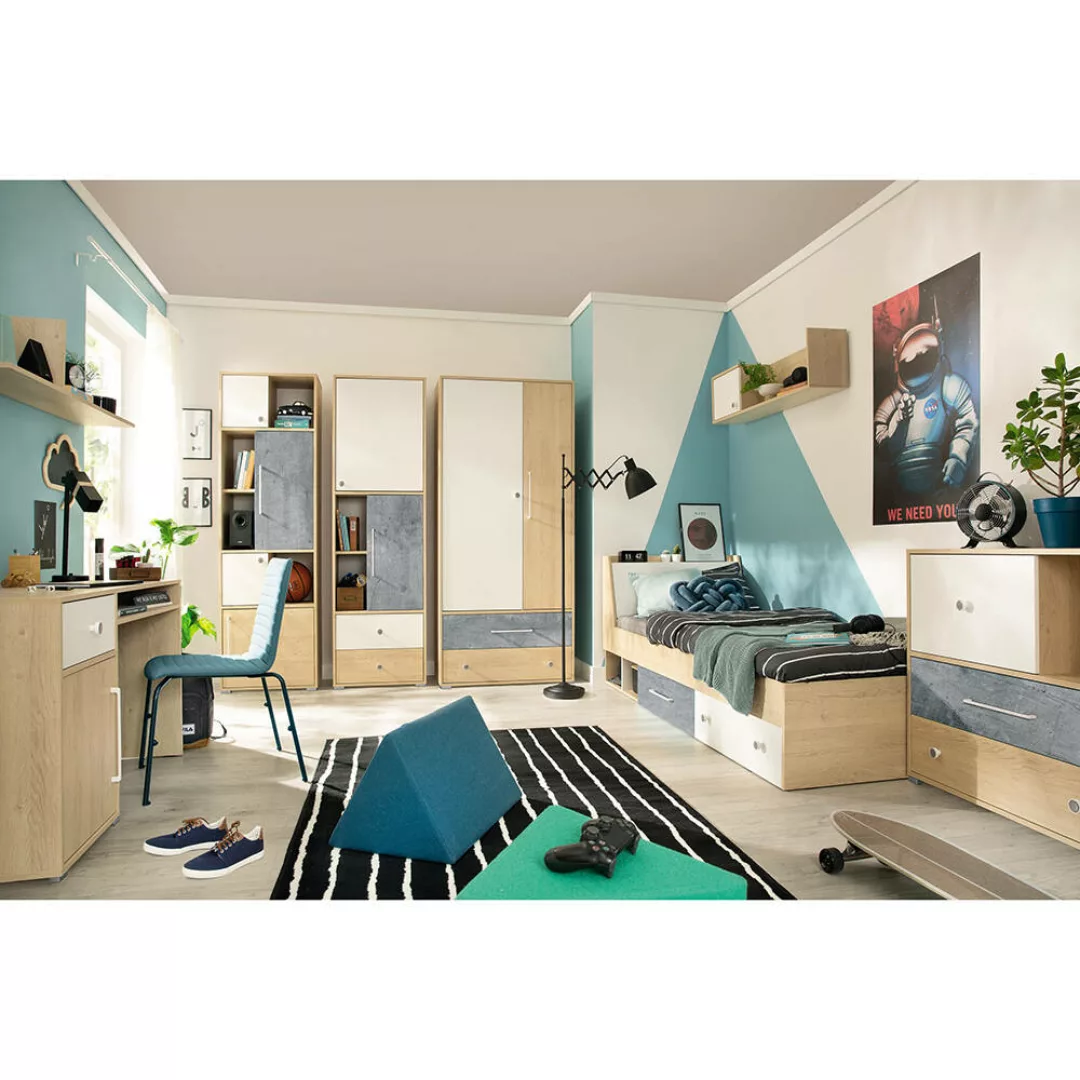 Jugendzimmer Set 8-teilig SPOKANE-133 mit Bett 120cm Eiche mit weiß und Bet günstig online kaufen