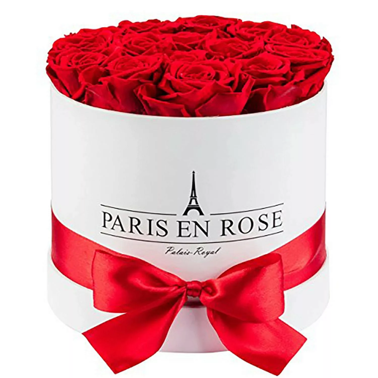 Rosenbox Ø 19 cm Weiß mit Schleife und 14 Roten Rosen günstig online kaufen