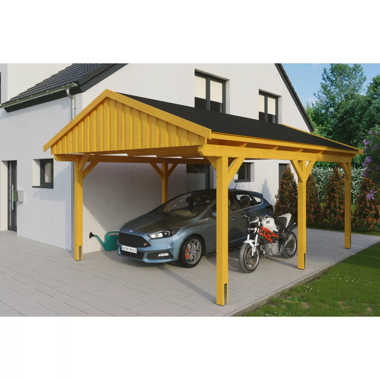 Skan Holz Carport Fichtelberg 423 cm x 566 cm Schwarze Schindeln Eiche Hell günstig online kaufen