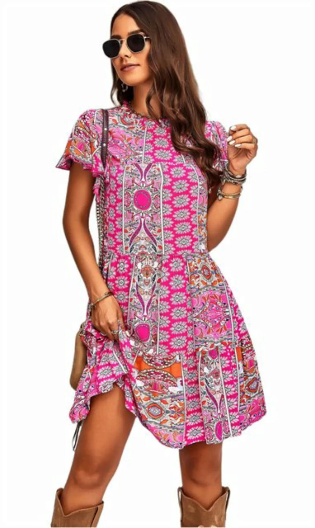 ZWY A-Linien-Kleid Bedrucktes Damenkleid mit kurzen Ärmeln und Rundhalsauss günstig online kaufen