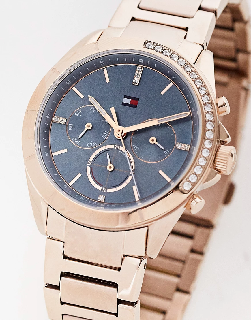 Tommy Hilfiger – Armbanduhr für Damen in Gold mit blauem Zifferblatt, 17823 günstig online kaufen