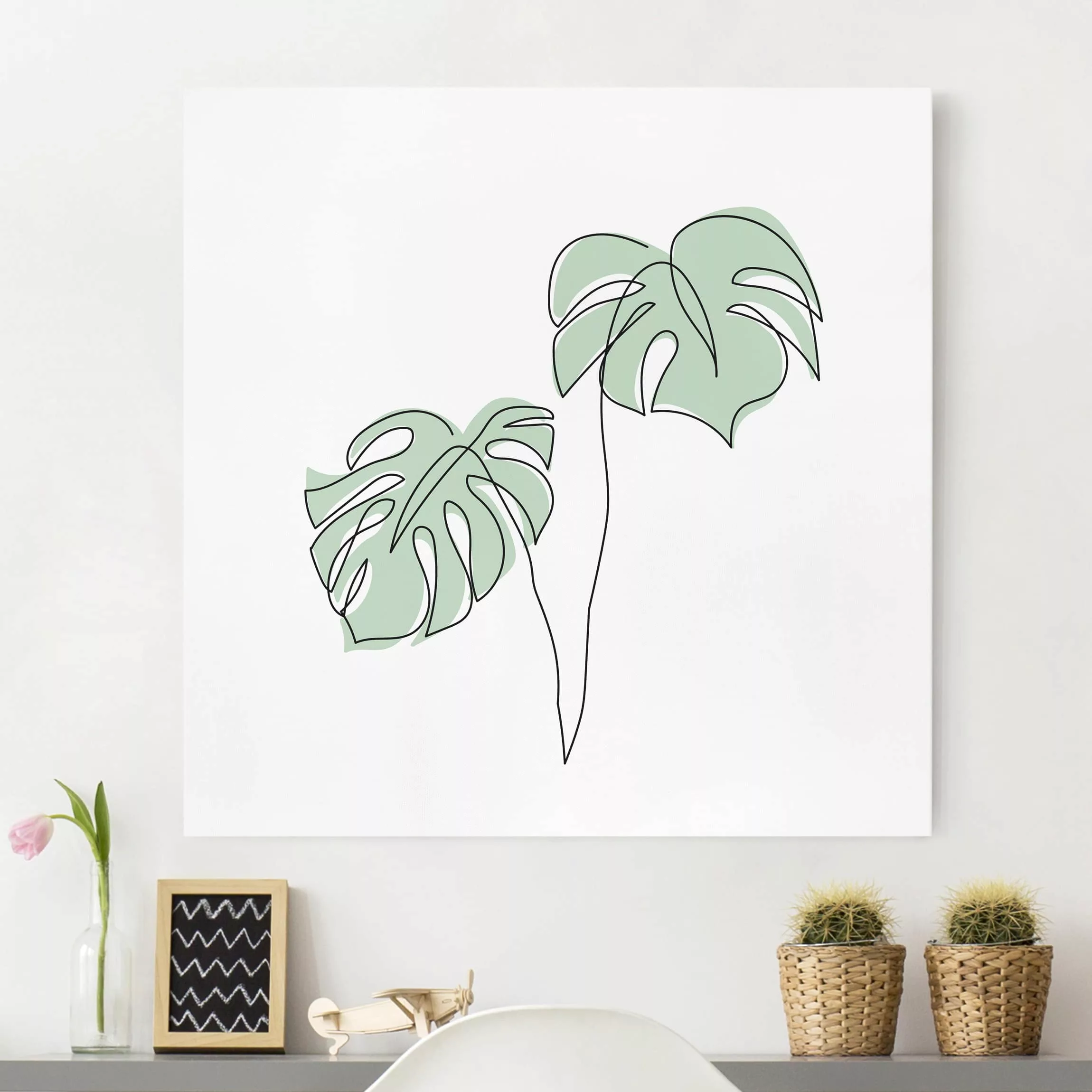 Leinwandbild Blumen - Quadrat Blätter Monstera Line Art günstig online kaufen