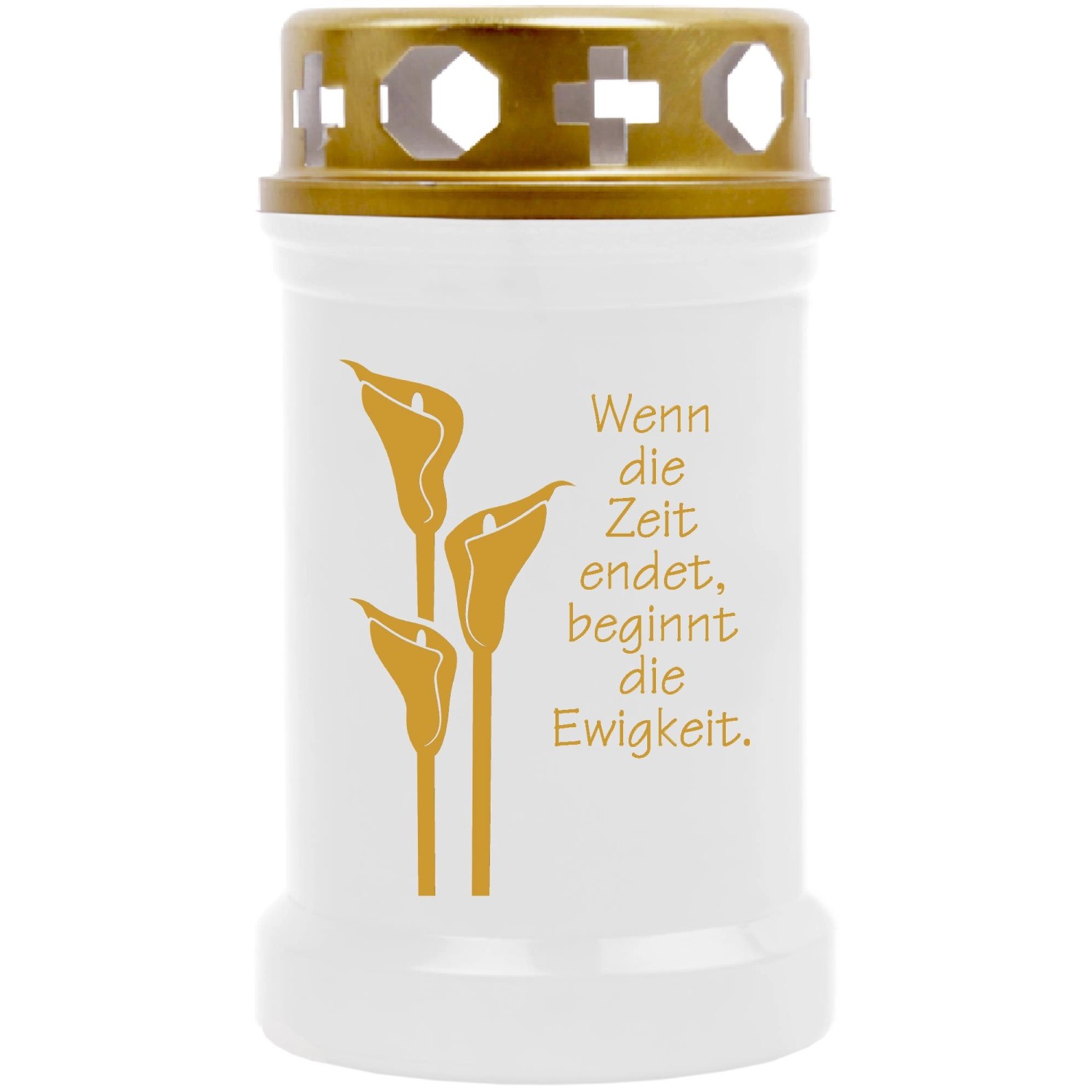 HS Candle Grabkerze Weiß 40h Inkl. Deckel & Druck Gold Calla 1 günstig online kaufen