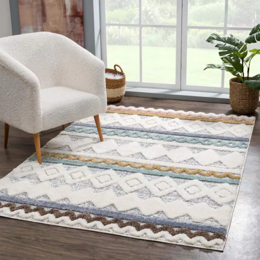 Carpet City Hochflor-Teppich »Focus 3013«, rund, Boho-Teppich, Rauten-Desig günstig online kaufen