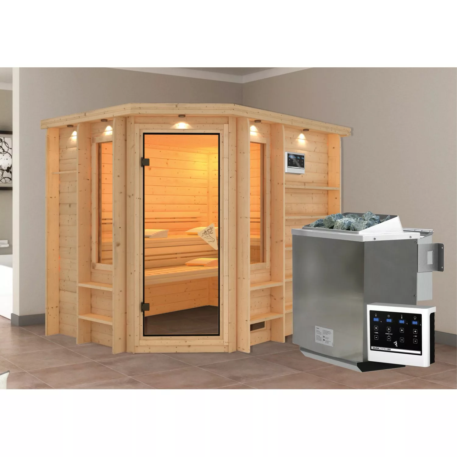 Karibu Sauna-Set Risa inkl. Bio-Ofen 9 kW mit ext. Steuerung günstig online kaufen