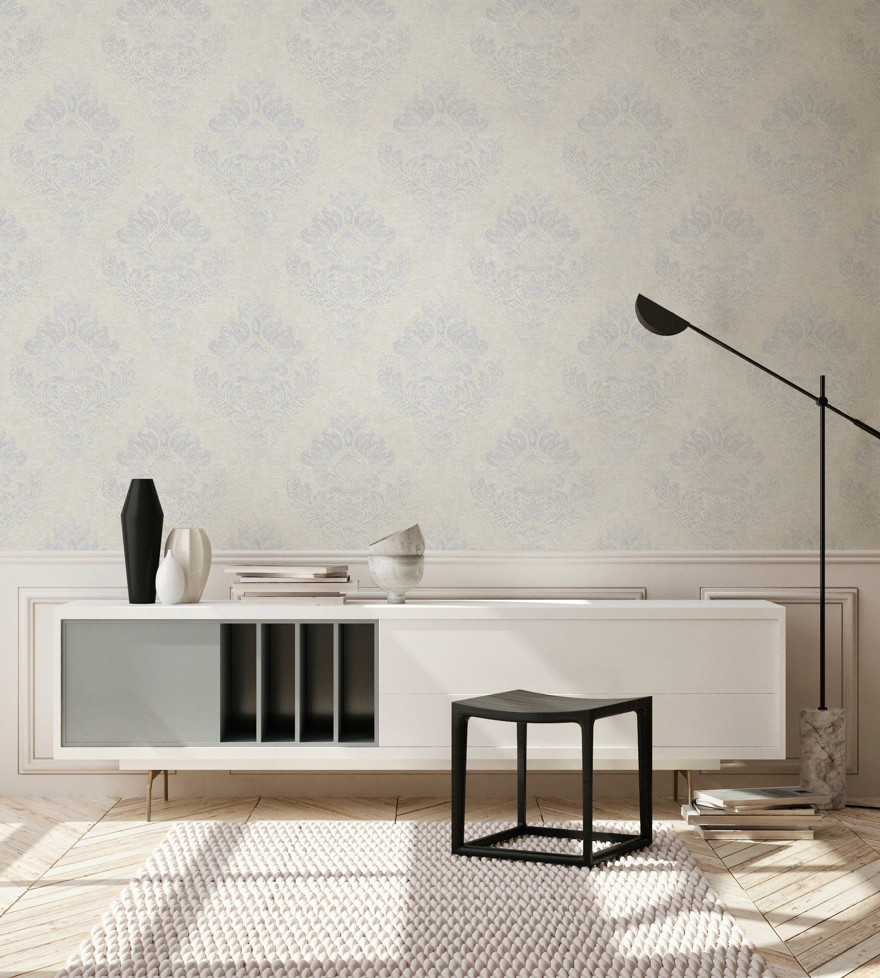 Livingwalls Tapete Barockmuster Weiß Silber und Grau 53 cm x 10,05 m AS-379 günstig online kaufen