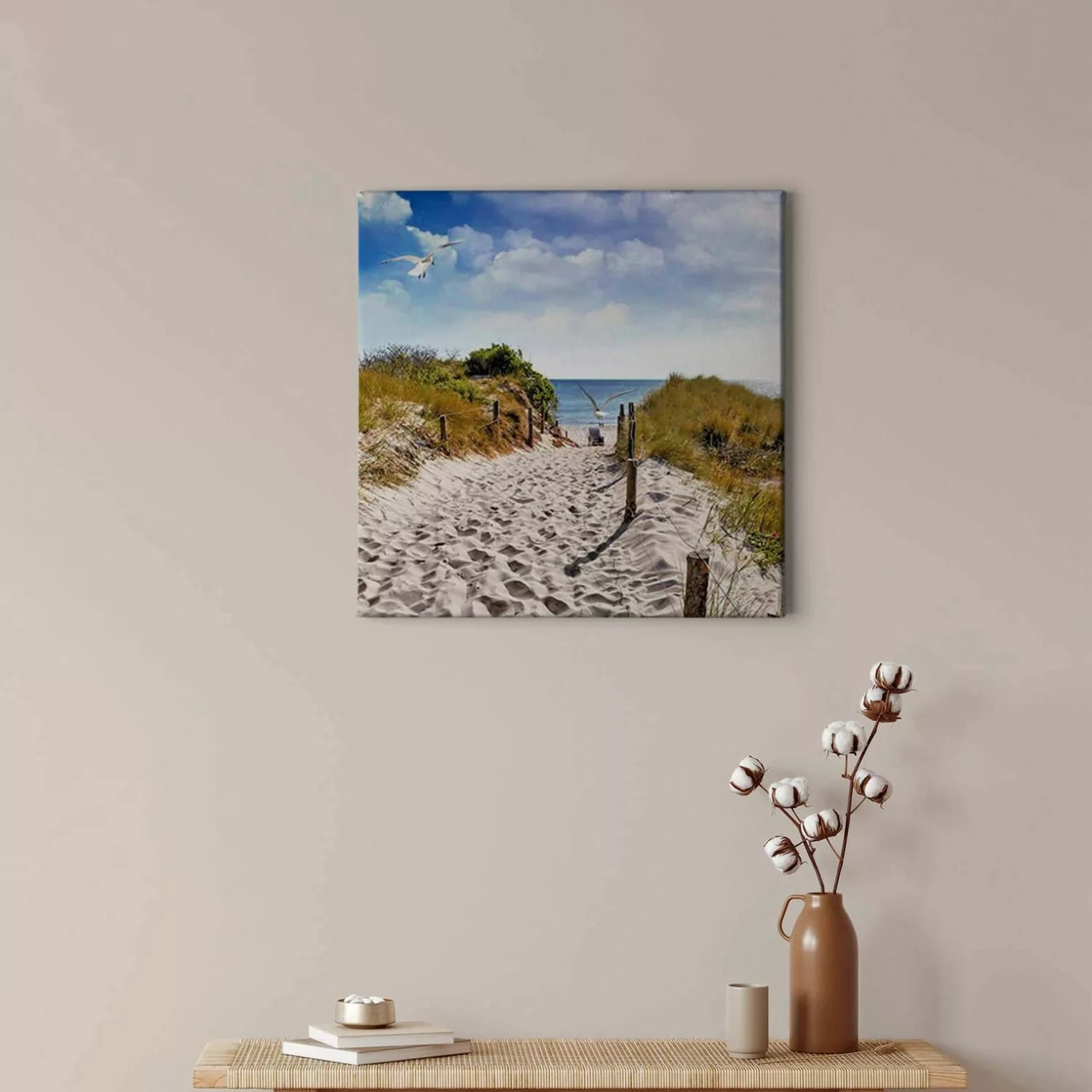 Bricoflor Leinwand Bild Mit Möwen Am Meer Strand Wandbild Mit Dünen Ideal F günstig online kaufen