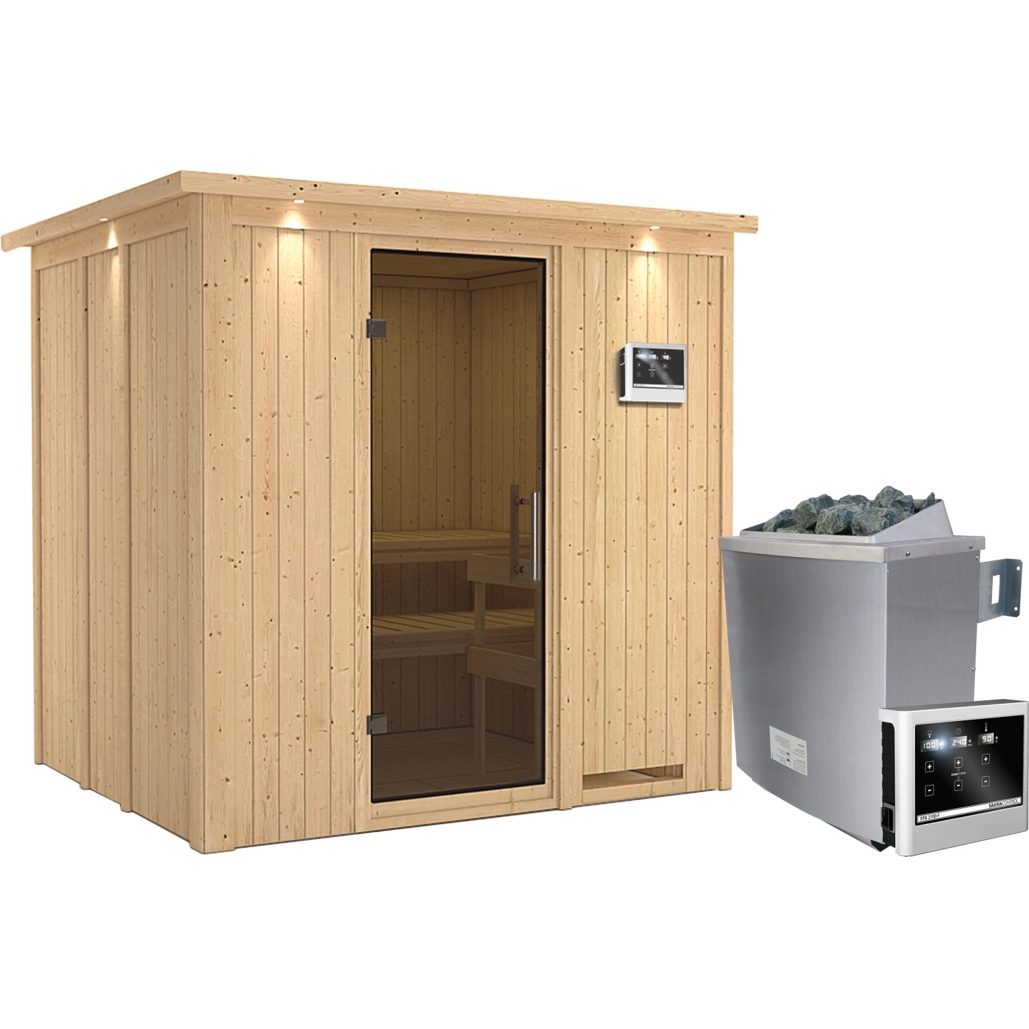 Karibu Sauna Stina inkl. Ofen 9 kW mit ext. Steuerung, Dachkranz, Tür Graph günstig online kaufen