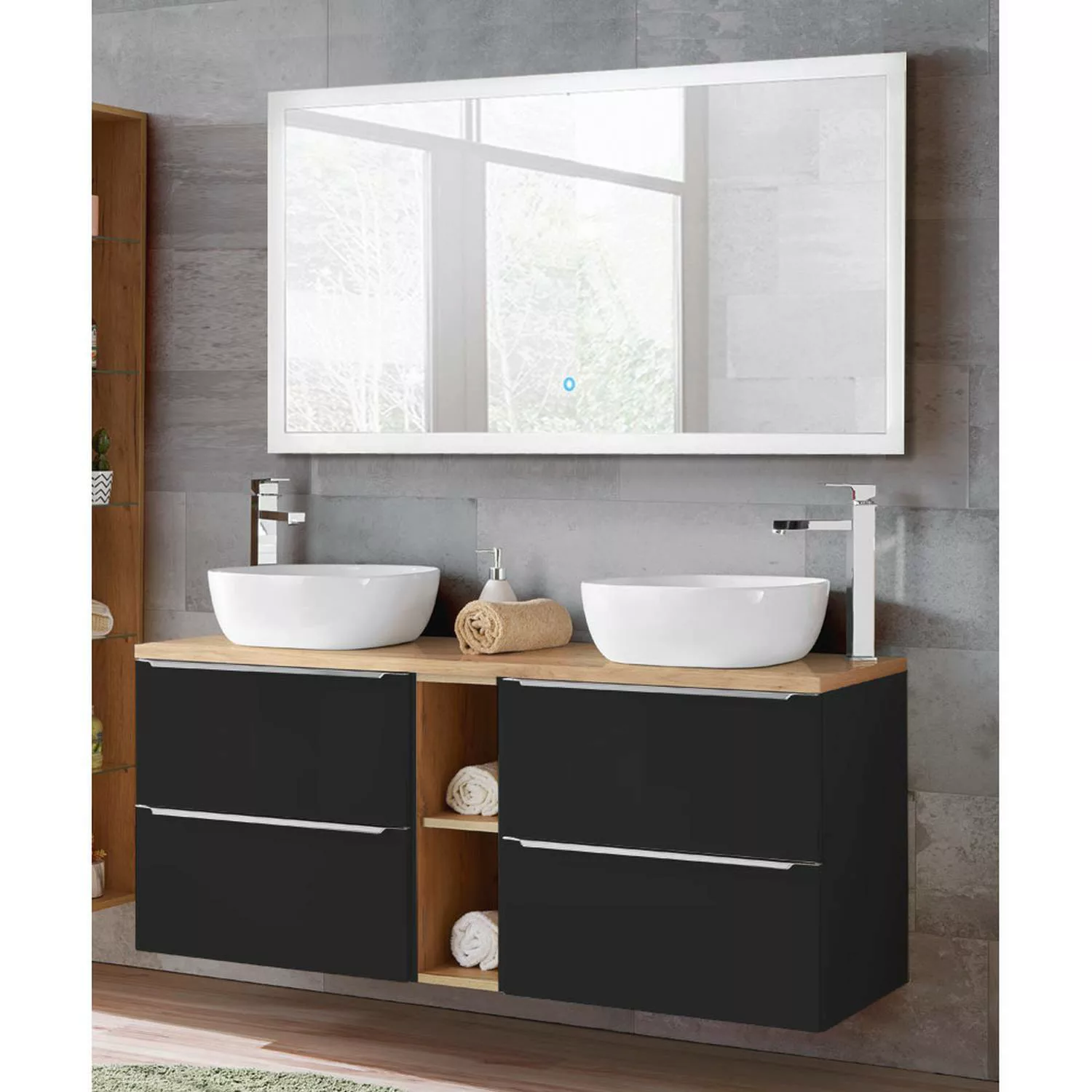Badezimmer Waschtisch & LED-Spiegel Set TOSKANA-BLACK-56 in seidenmatt anth günstig online kaufen