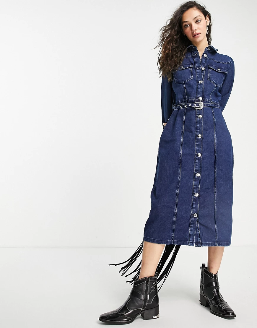 Only – Midi-Hemdkleid aus Denim in Indigo-Waschung-Blau günstig online kaufen