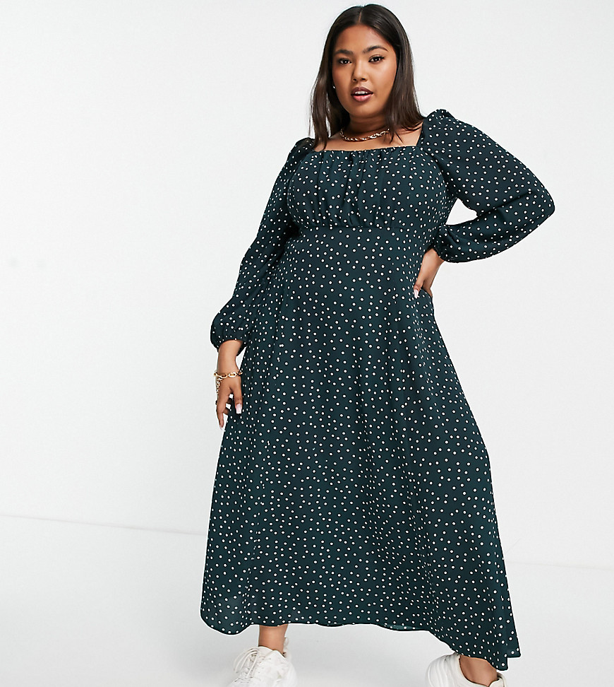 ASOS DESIGN Curve – Midikleid mit eckigem, gerafftem Ausschnitt in Grün gep günstig online kaufen