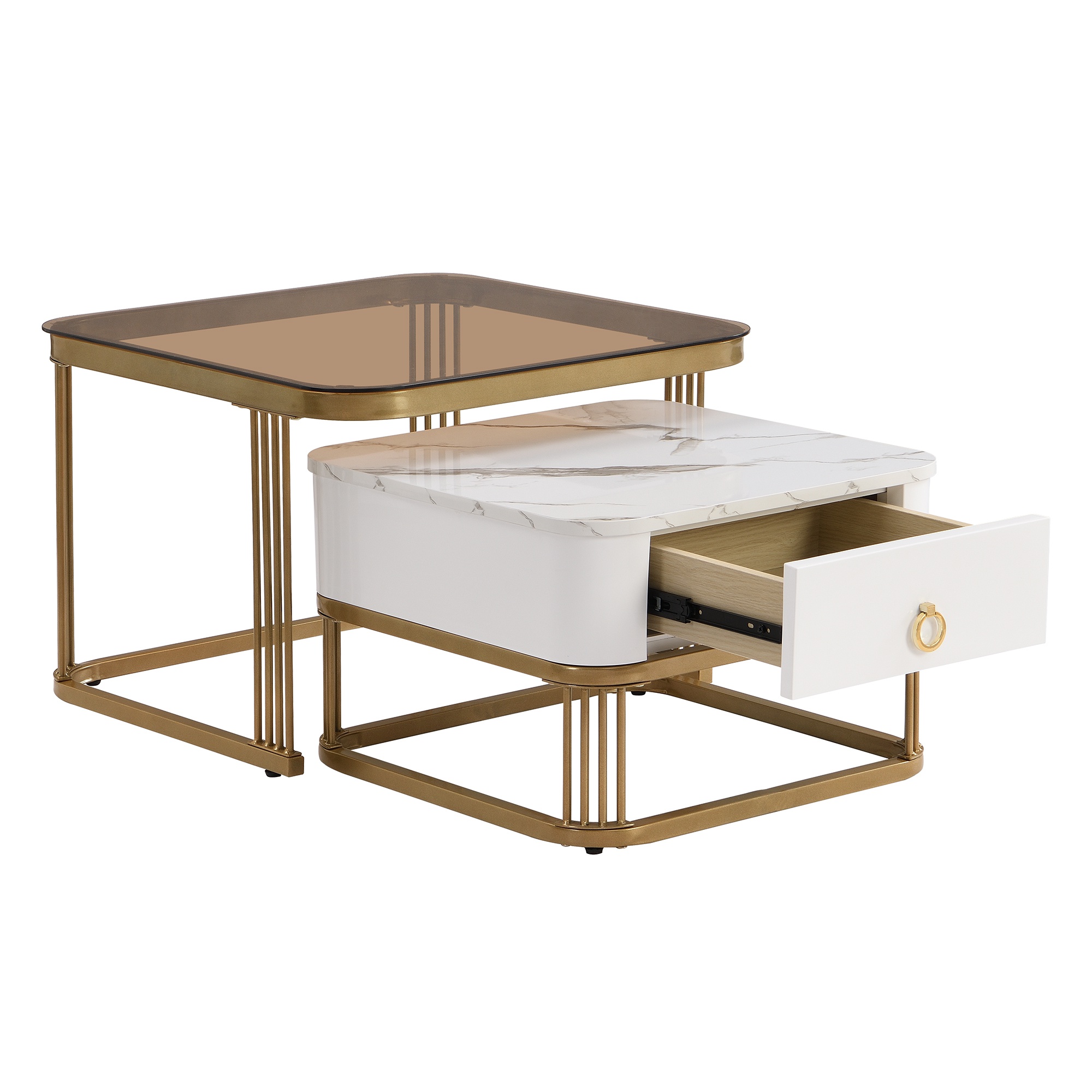 Stapelbarer Couchtisch mit Marmoroptik, Teebraun Glasplatte und goldenen Ak günstig online kaufen