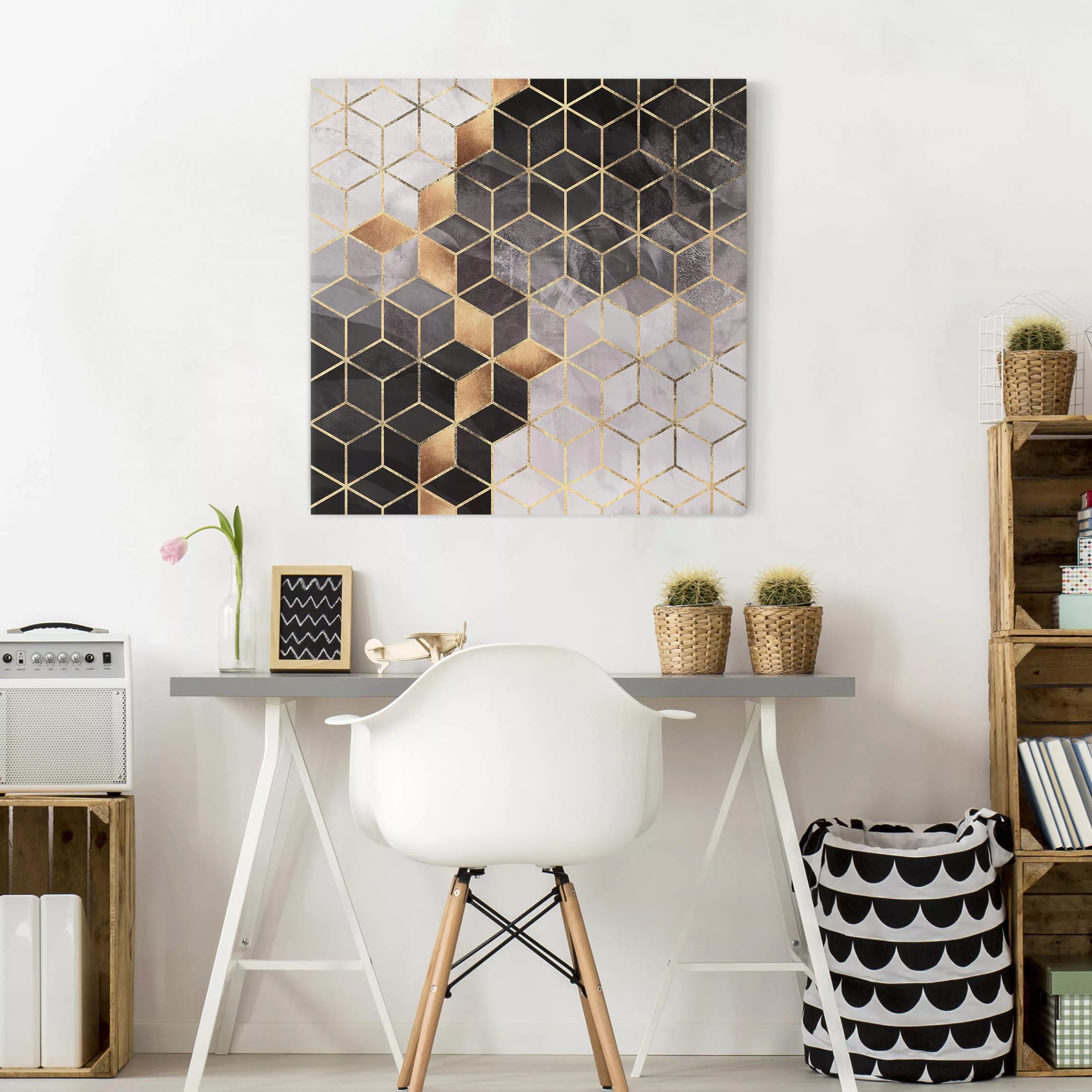 Leinwandbild Abstrakt - Quadrat Schwarz Weiß goldene Geometrie günstig online kaufen