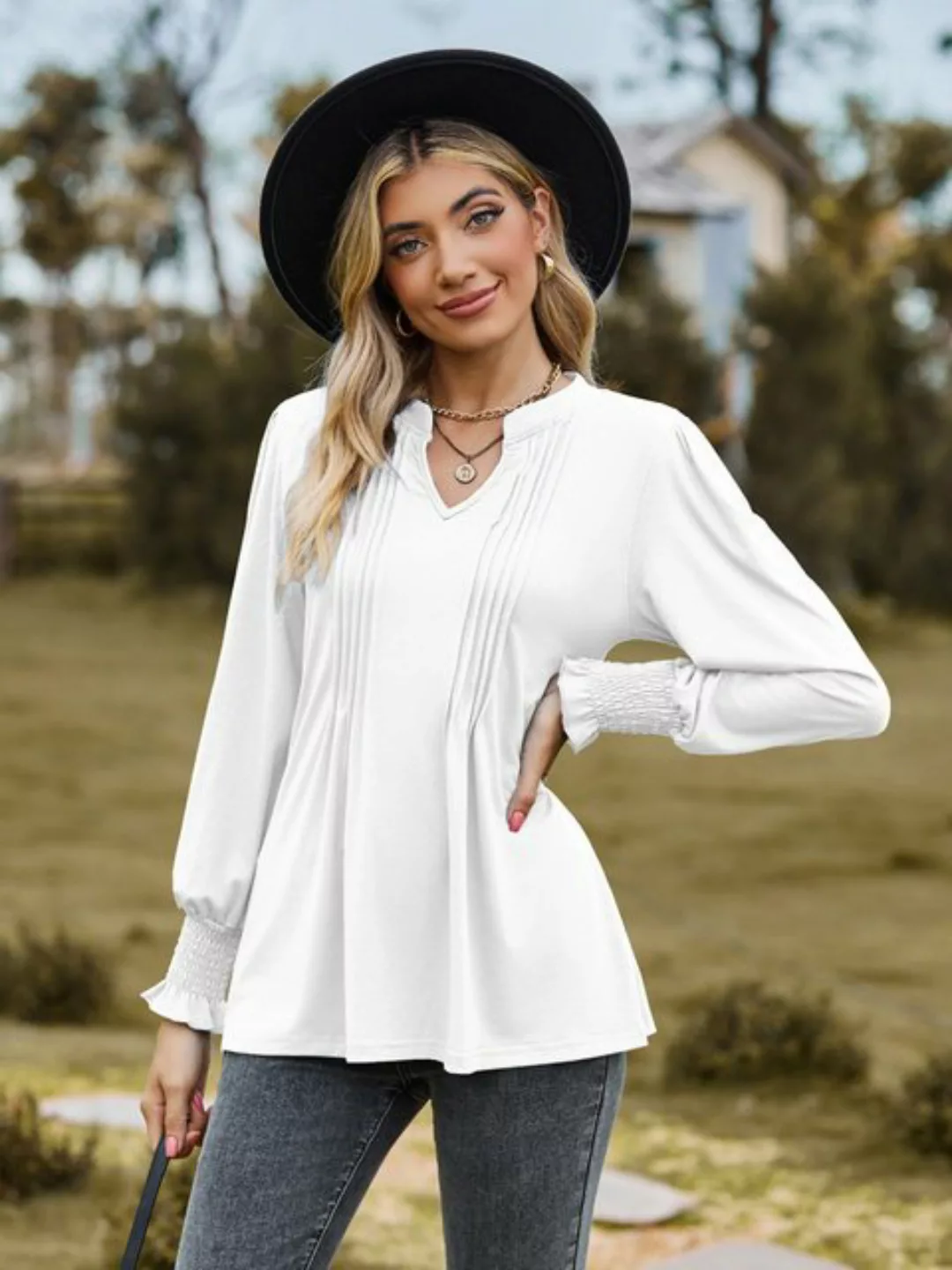 ZWY 2-in-1-Shirt Damen V-Ausschnitt, lange Ärmel, einfarbig, plissiert,lock günstig online kaufen