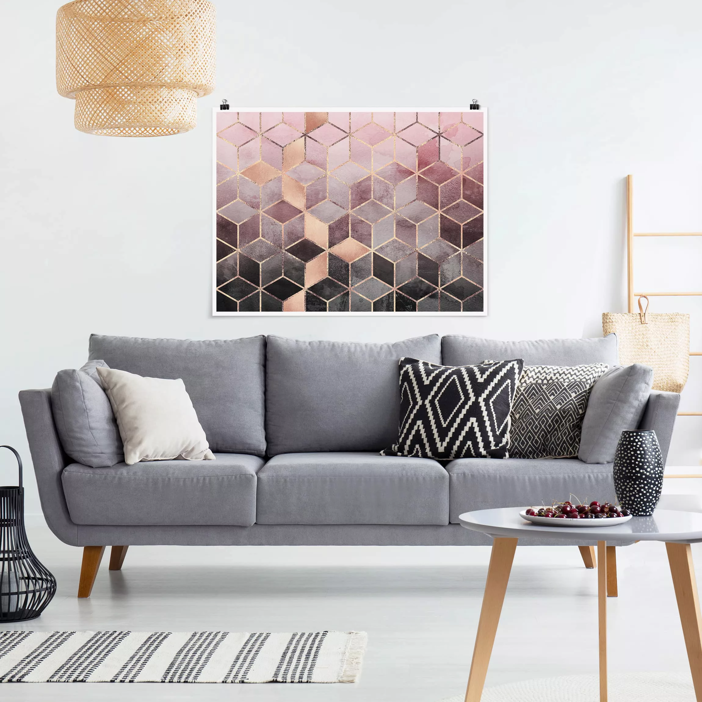 Poster Abstrakt - Querformat Rosa Grau goldene Geometrie günstig online kaufen