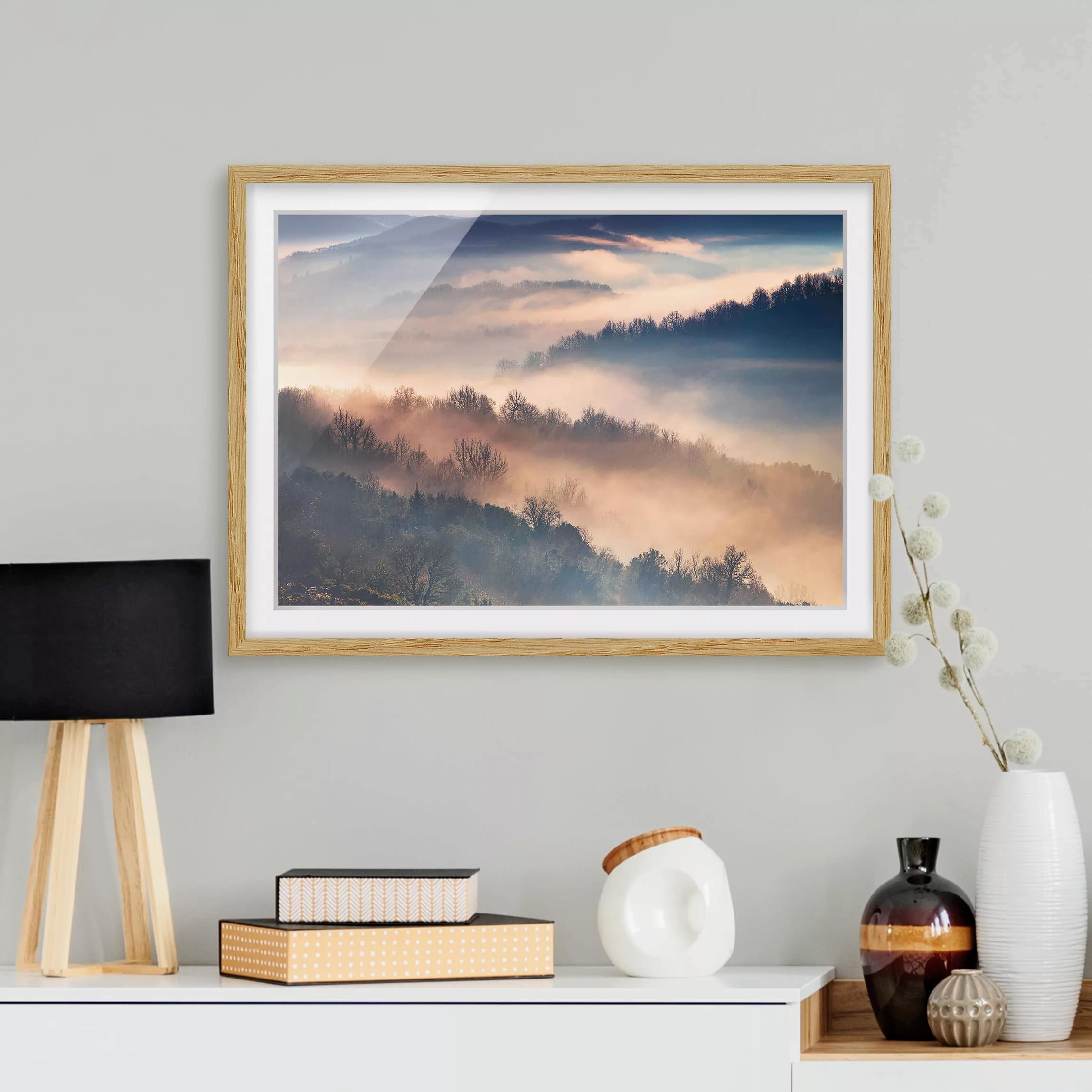 Wald Bild mit Rahmen Nebel bei Sonnenuntergang günstig online kaufen