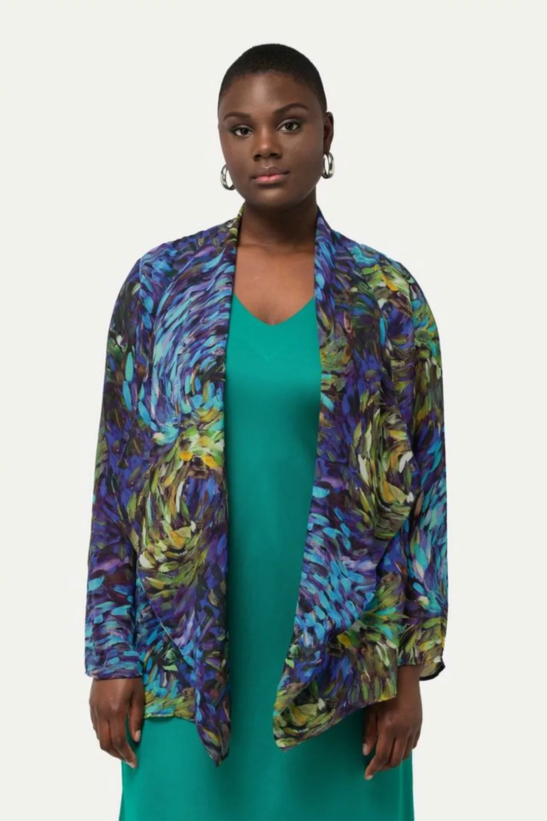 Ulla Popken Sommerjacke Indoorjacke Rayon-Chiffon Wasserfallkragen Langarm günstig online kaufen