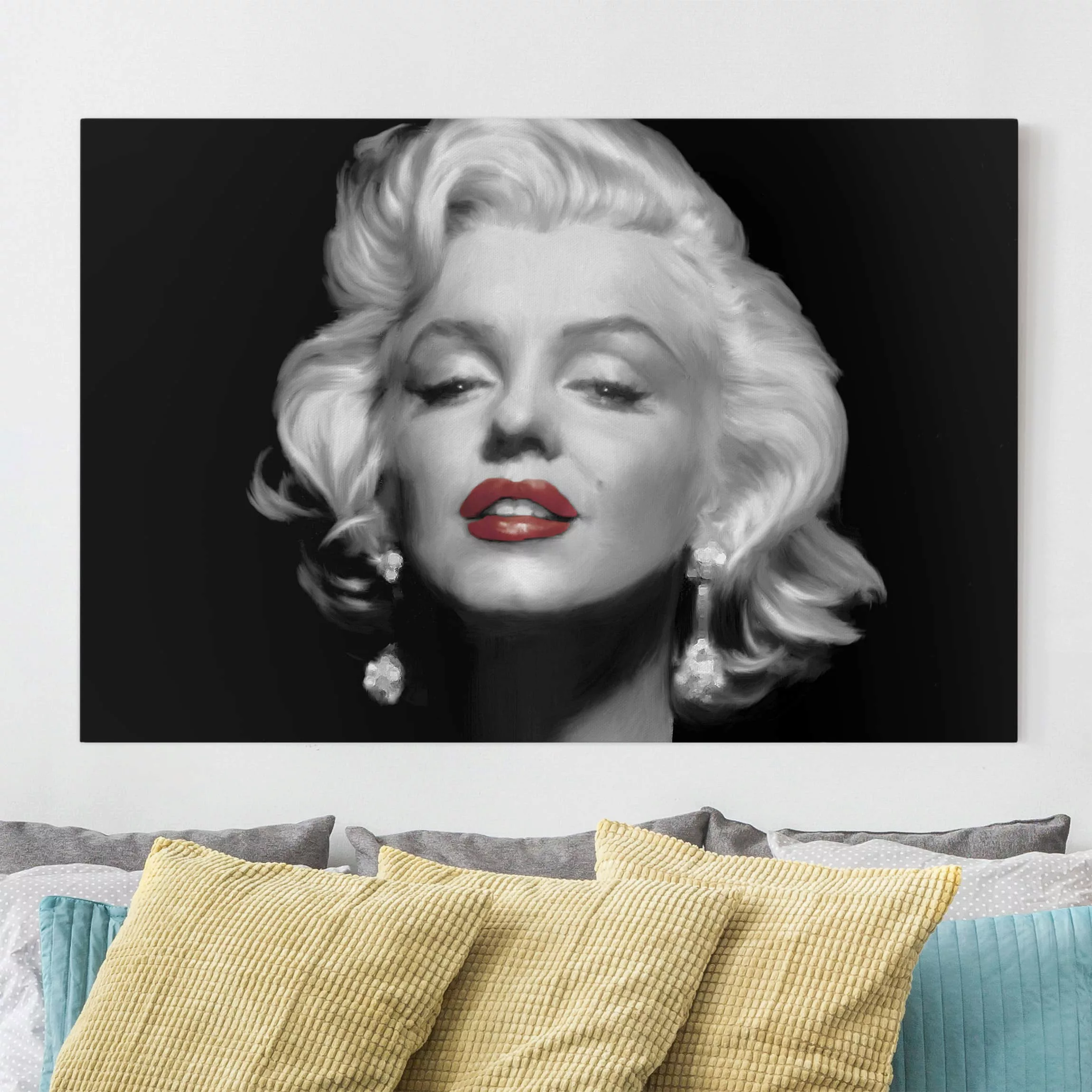 Leinwandbild Schwarz-Weiß - Querformat Marilyn mit roten Lippen günstig online kaufen