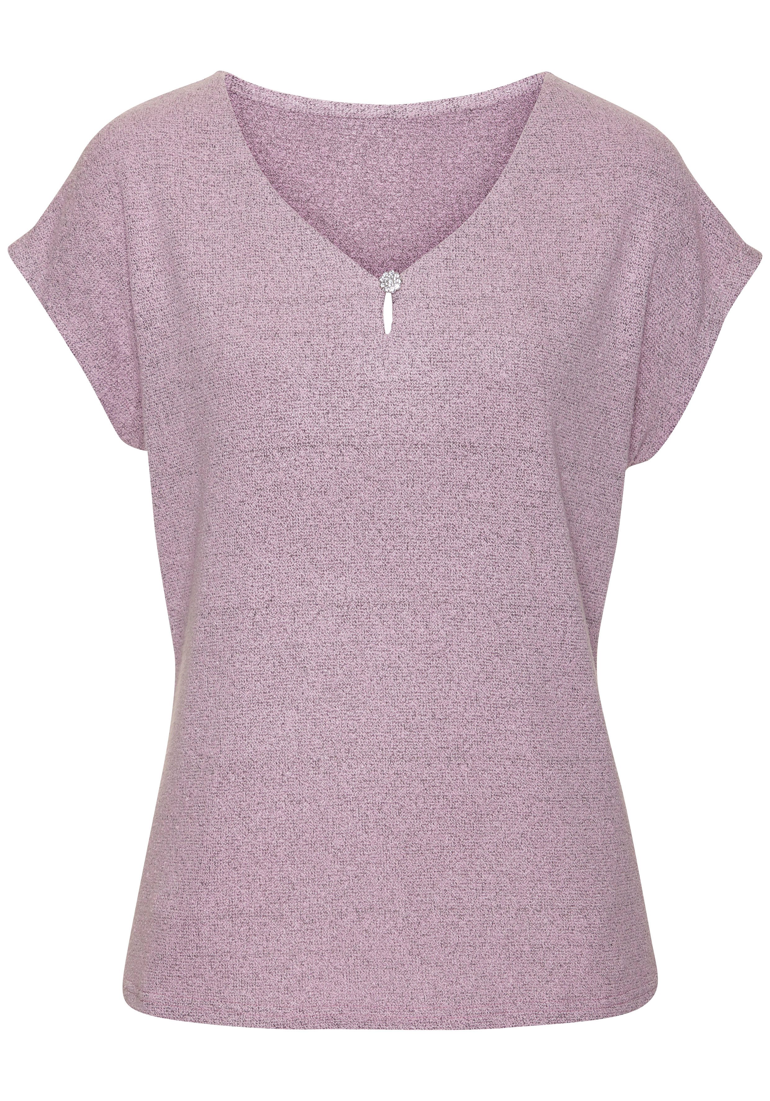 LASCANA Kurzarmshirt "mit Strassknopf in Blütenform", aus leichtem Feinstri günstig online kaufen