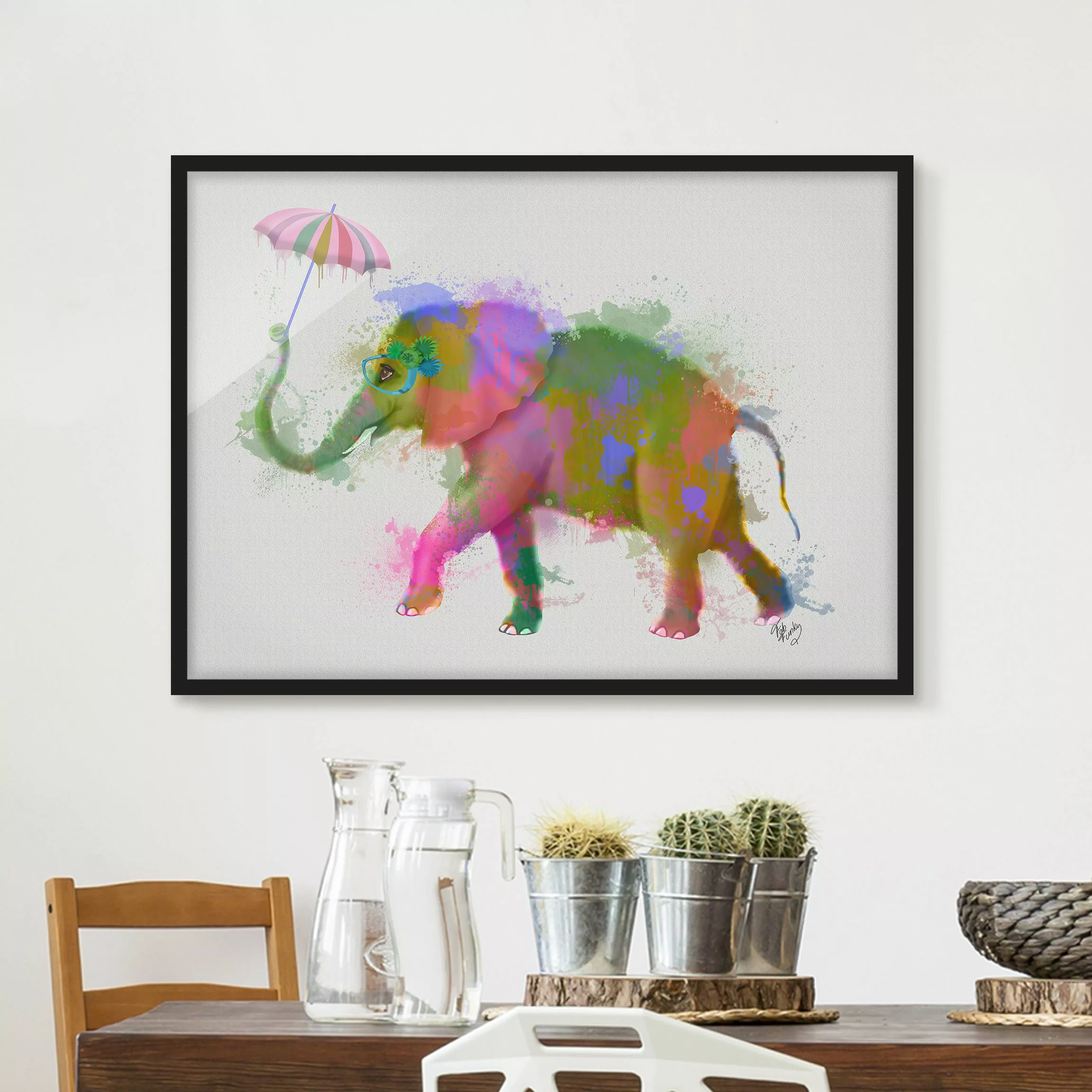 Bild mit Rahmen Tiere - Querformat Regenbogen Splash Elefant günstig online kaufen