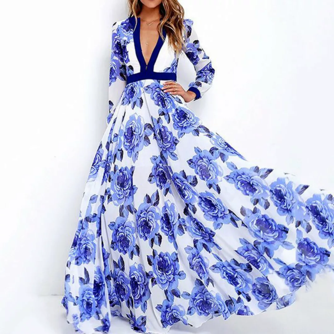 RUZU UG Dirndl Bedrucktes Kleid mit V-Ausschnitt, bedrucktes Langarmkleid f günstig online kaufen