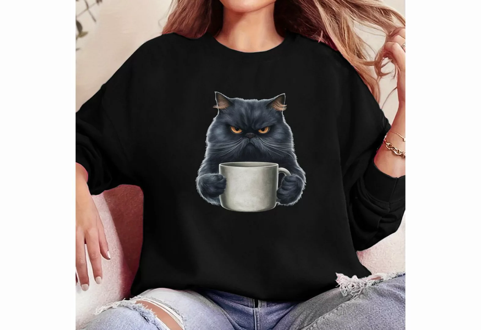 PYL Sweatshirt Damen Sweatshirt mit Katze Druck,Langarm Casual Pullover Top günstig online kaufen