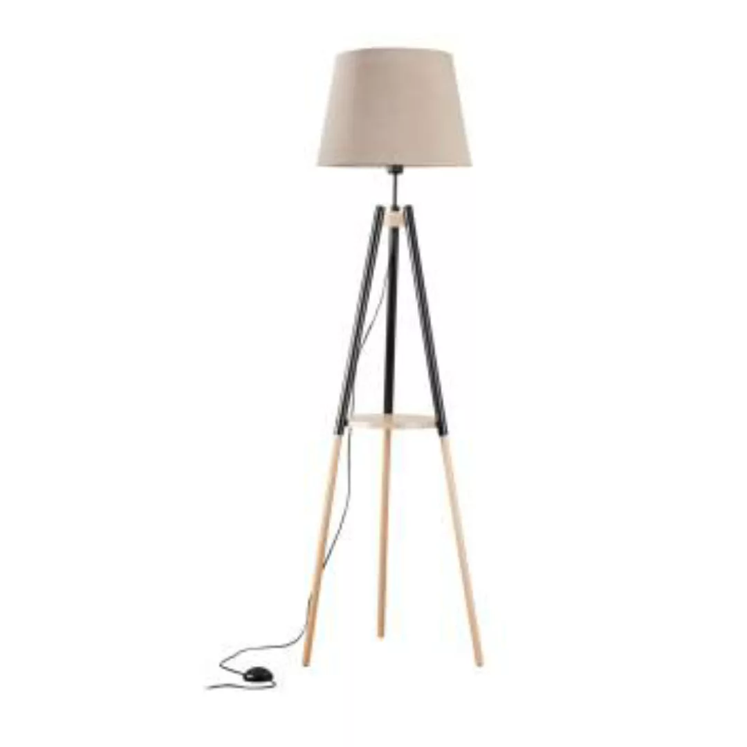 Stehlampe Holz Leinen 156 cm klein mit Ablage Dreibein günstig online kaufen