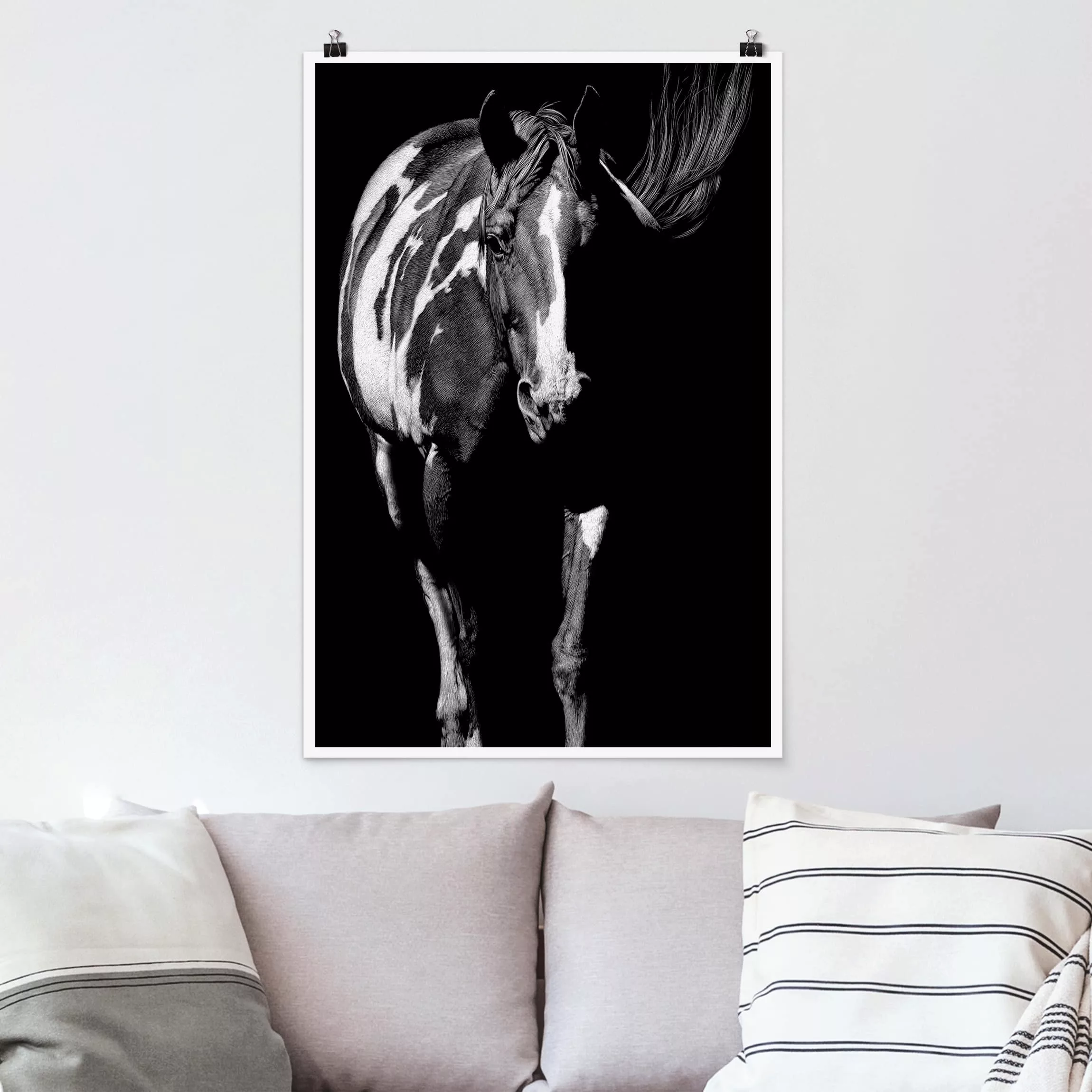 Poster Tiere - Hochformat Pferd vor Schwarz günstig online kaufen